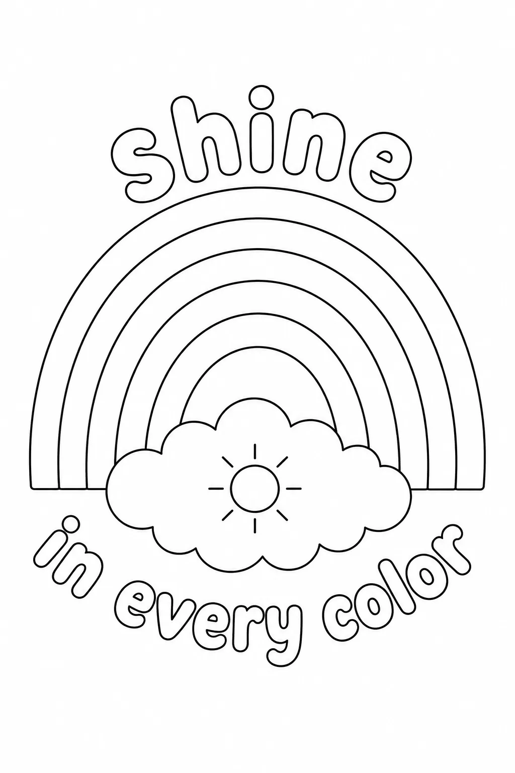 Shine in Every Color rainbow page with a smiling sun in the cloud