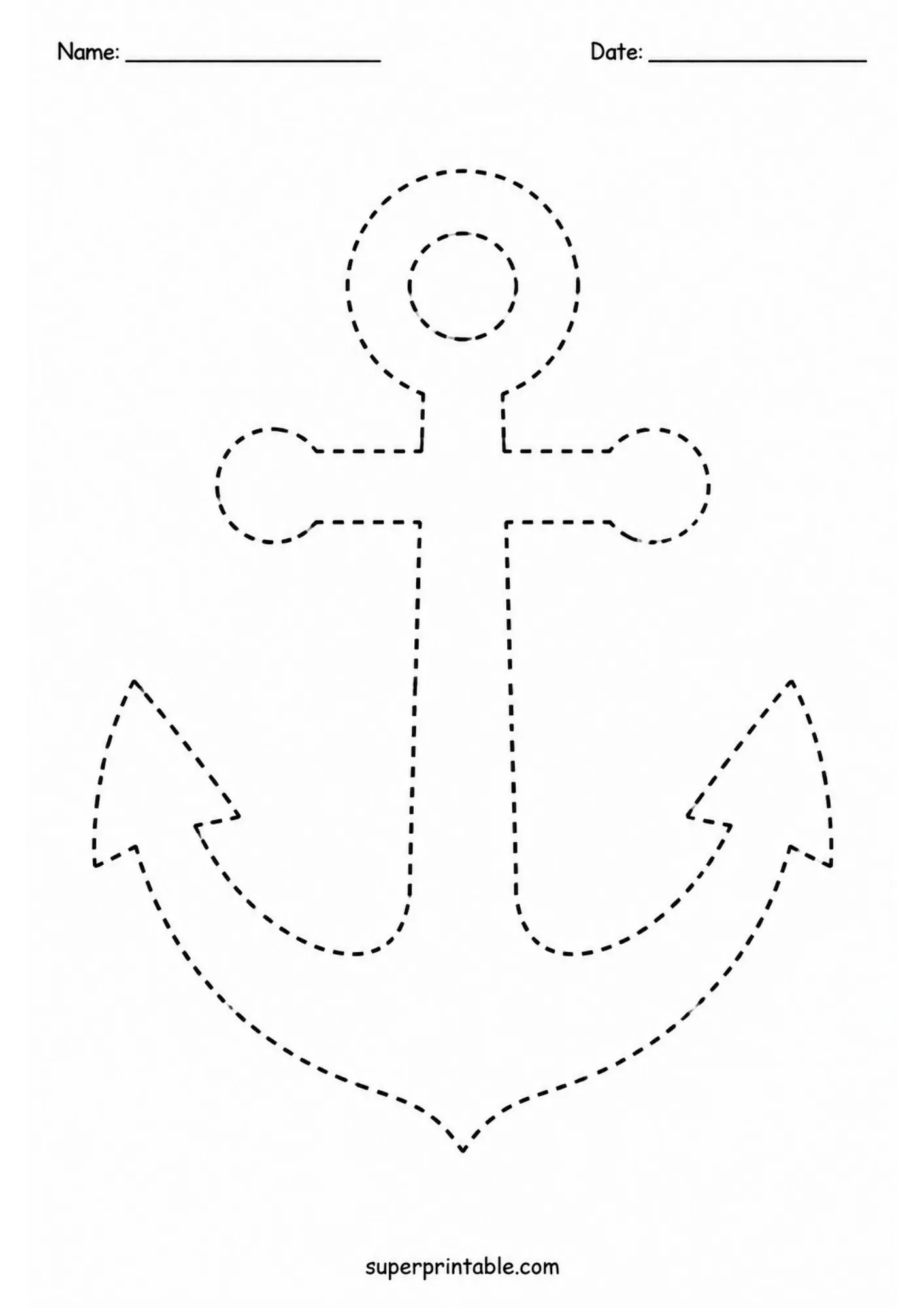 Dotted outline of a ship anchor for maritime tracing practice.