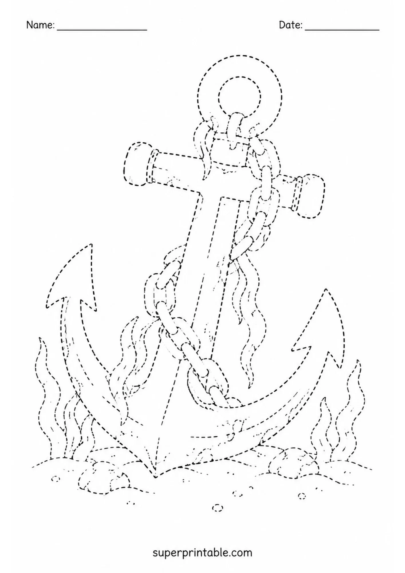Sunken ocean ship anchor wrapped in heavy chain line tracing sheet on ocean floor sand for kids activity.