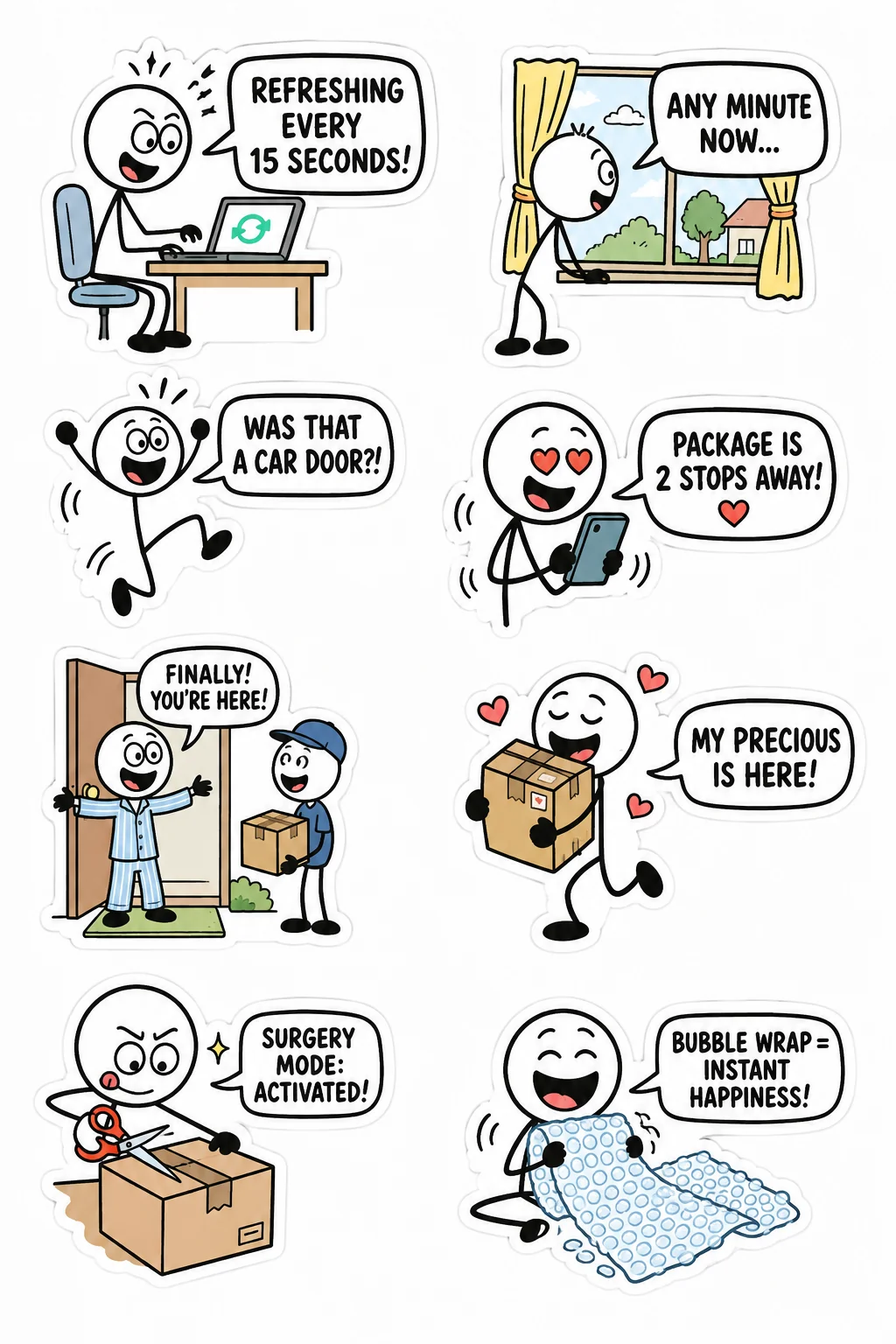 Printable shopping and spending sticker sheet with eight package tracking stick-figure stickers