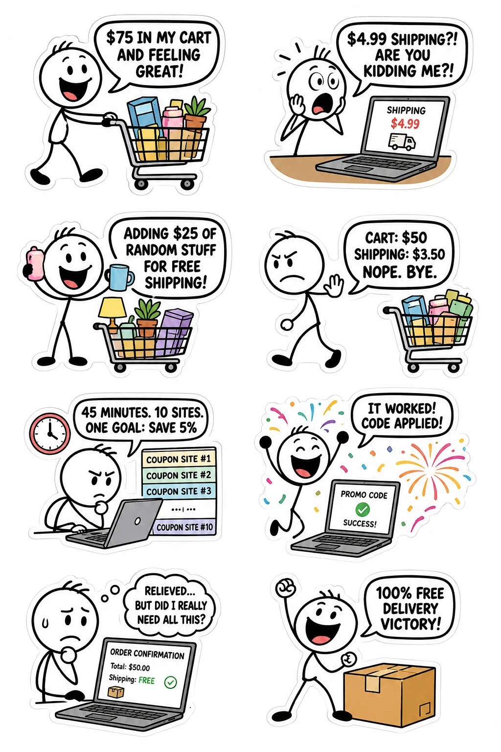 Printable shopping and spending sticker sheet with eight free shipping math stick-figure stickers