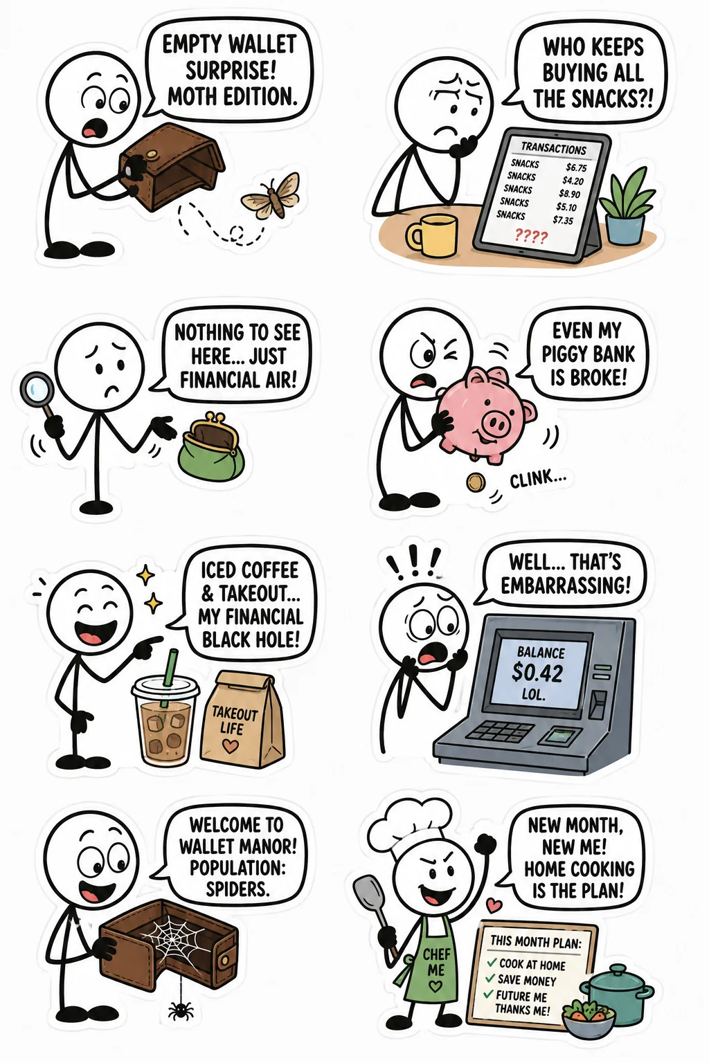 Printable shopping and spending sticker sheet with eight empty wallet stick-figure stickers