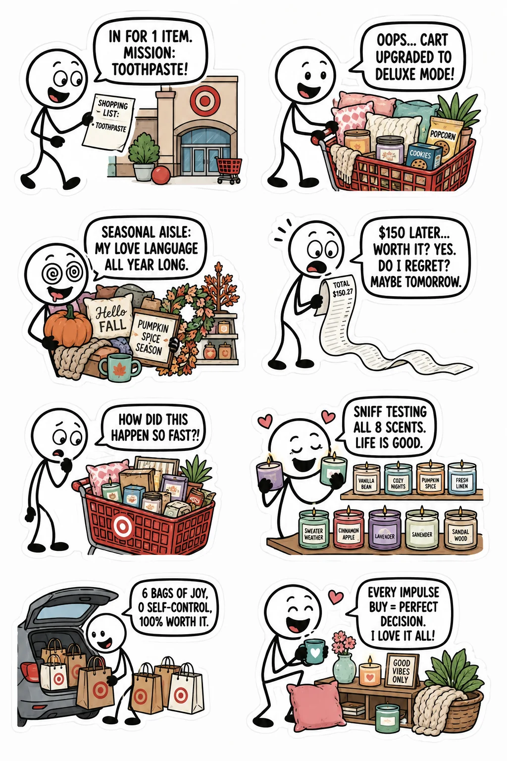 Printable shopping and spending sticker sheet with eight target run stick-figure stickers