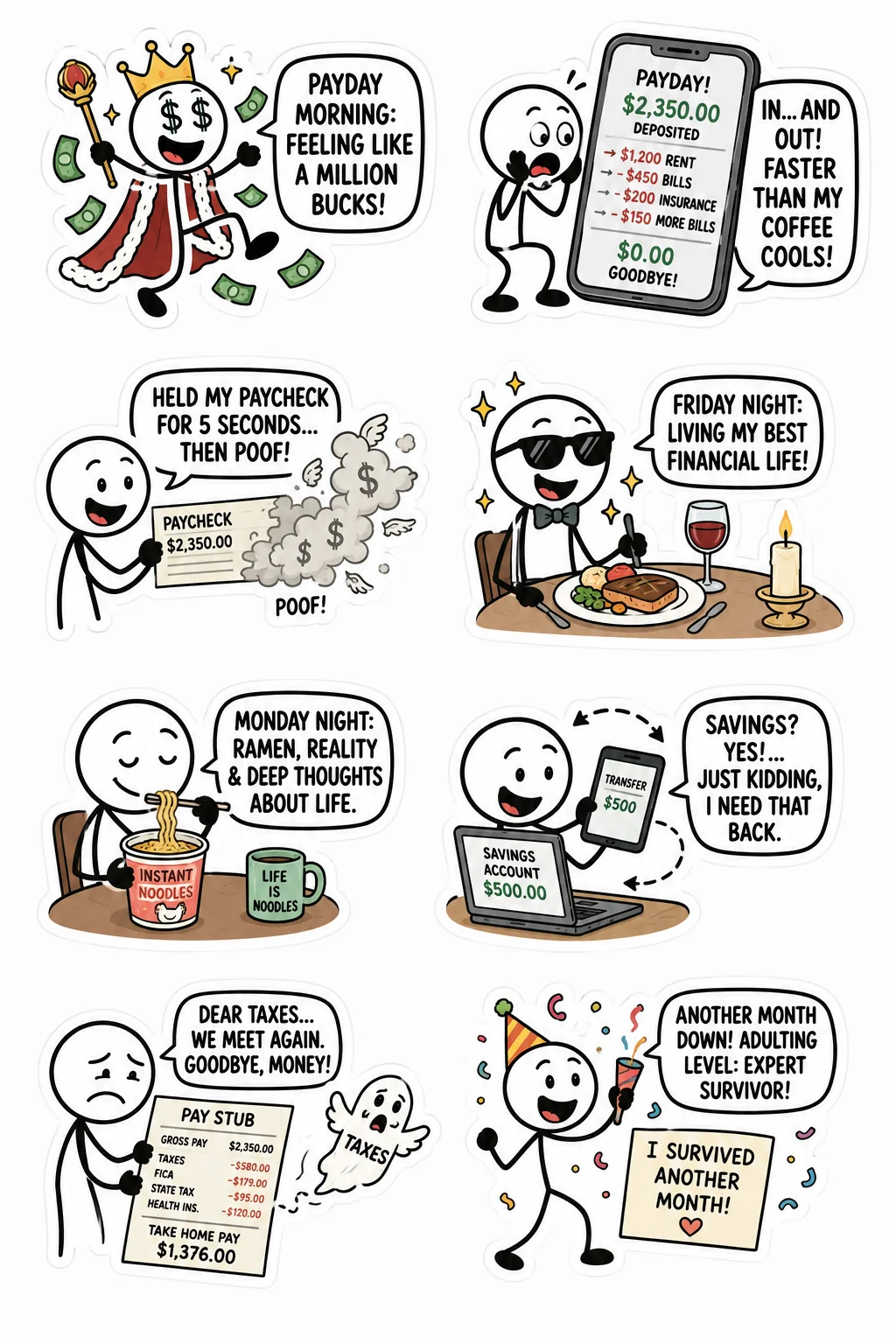 Printable shopping and spending sticker sheet with eight payday vs rent stick-figure stickers