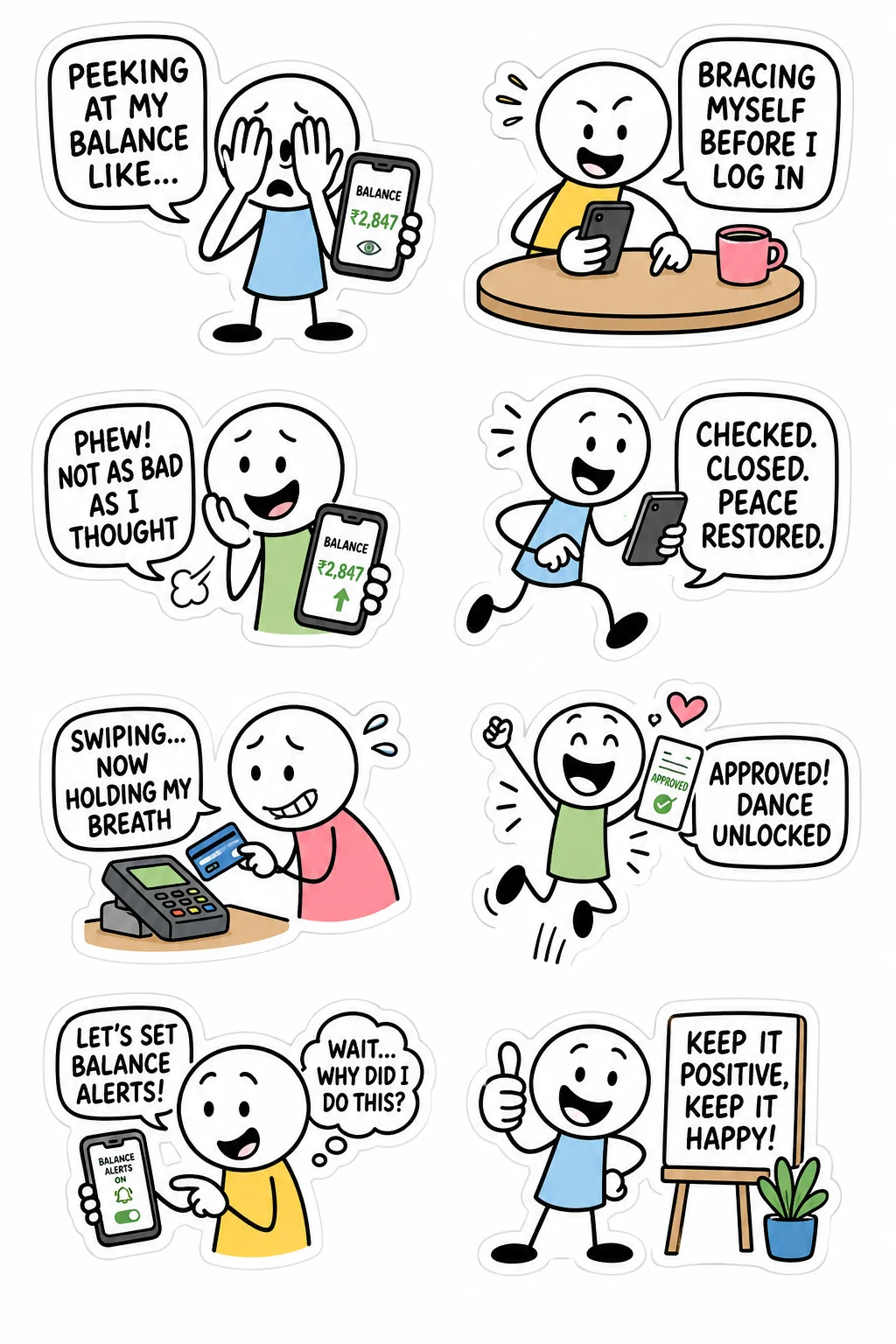 Printable shopping and spending sticker sheet with eight bank balance peek stick-figure stickers