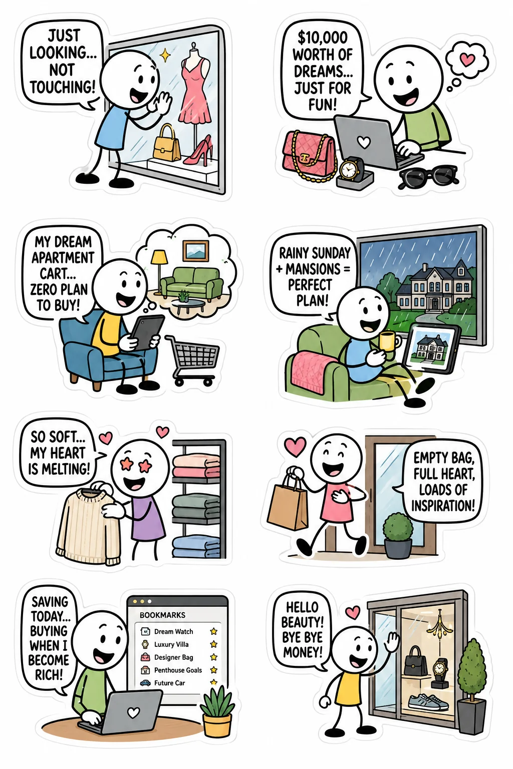 Printable shopping and spending sticker sheet with eight window shopping stick-figure stickers