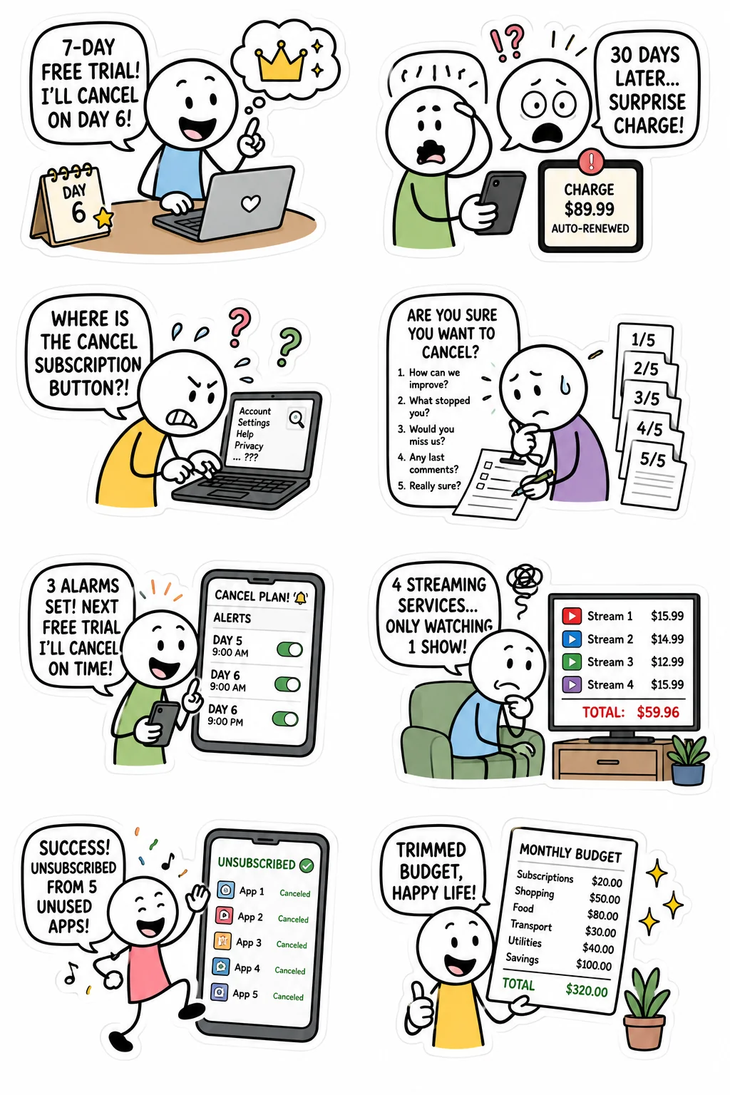 Printable shopping and spending sticker sheet with eight free trial trap stick-figure stickers