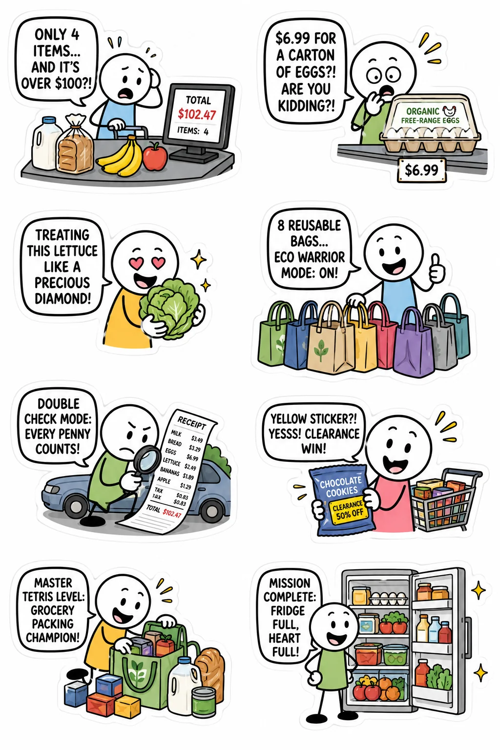 Printable shopping and spending sticker sheet with eight grocery sticker shock stick-figure stickers