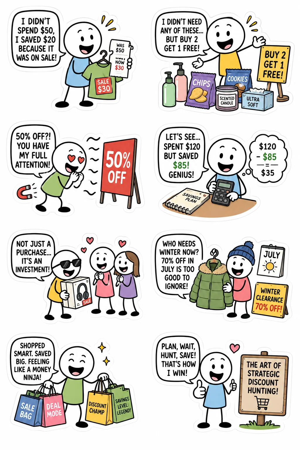 Printable shopping and spending sticker sheet with eight sale logic stick-figure stickers