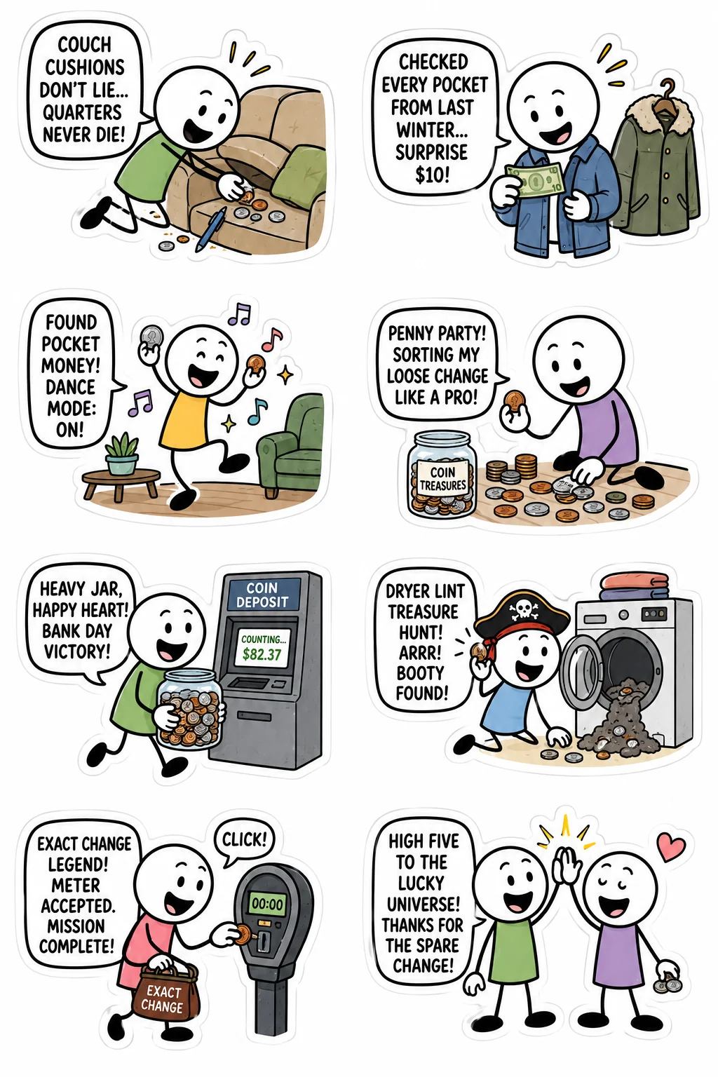 Printable shopping and spending sticker sheet with eight sofa cushion coins stick-figure stickers