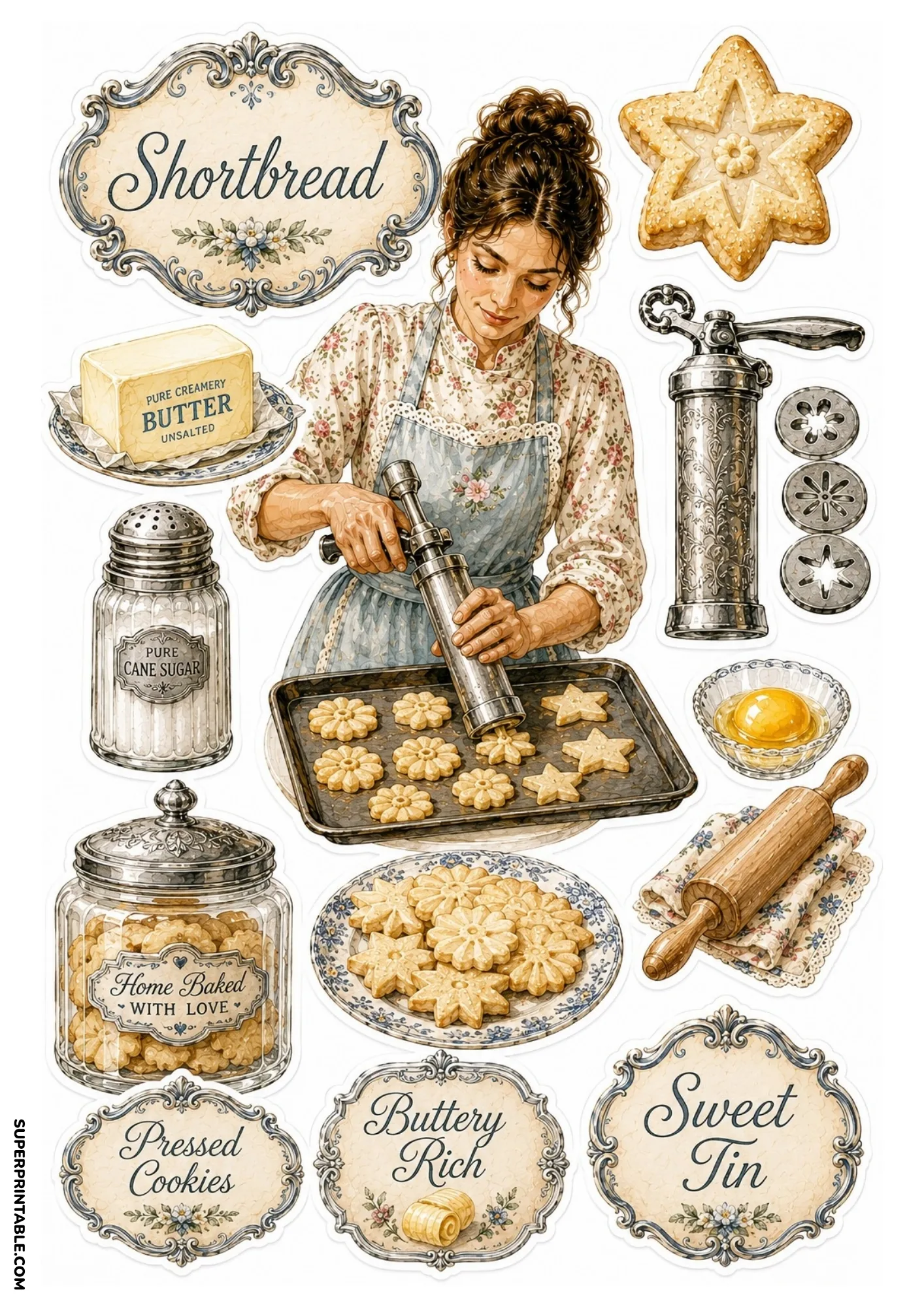 Shortbread cookie sticker sheet showing a baker using a cookie press, butter block, jar of cookies, and star shortbread.