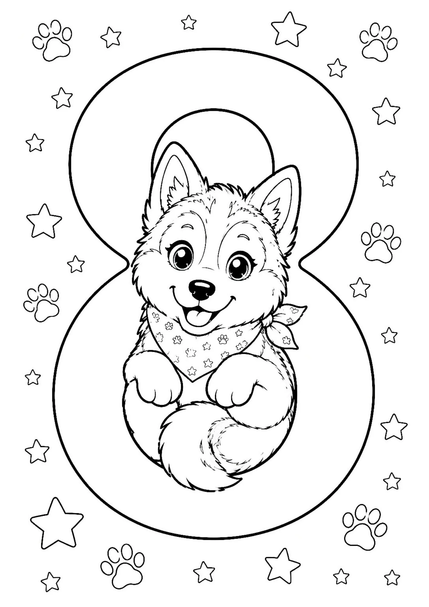 Husky numbers coloring pages image with cute husky puppy sitting inside large number eight loop.