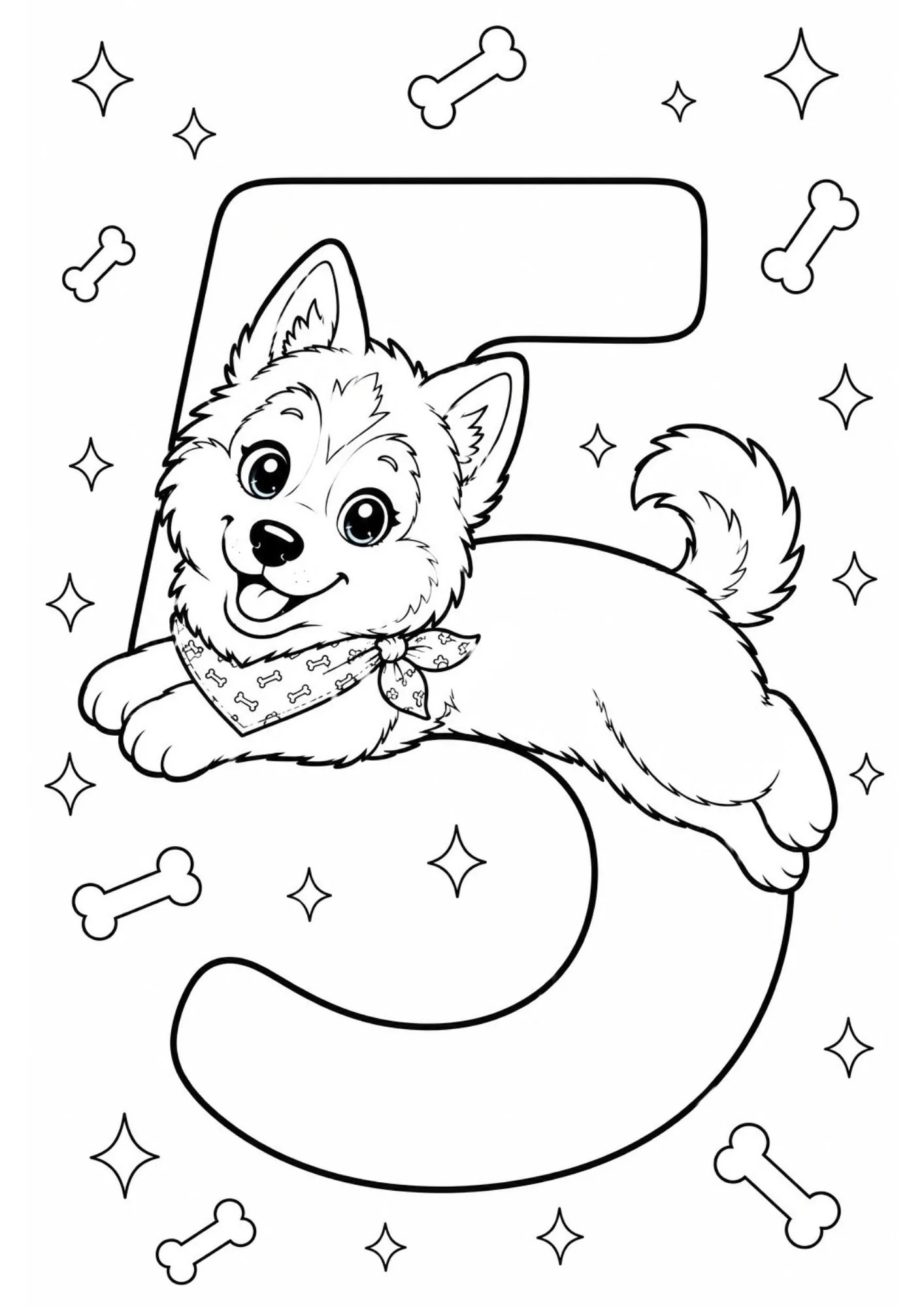 Cute Siberian husky puppy lying across top of large number 5 outline with floating stars and bones.