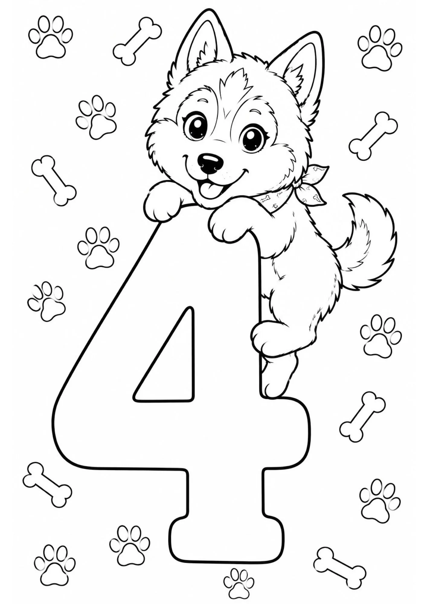 Playful Siberian husky puppy climbing large number 4 coloring page outline with bones and paw prints.