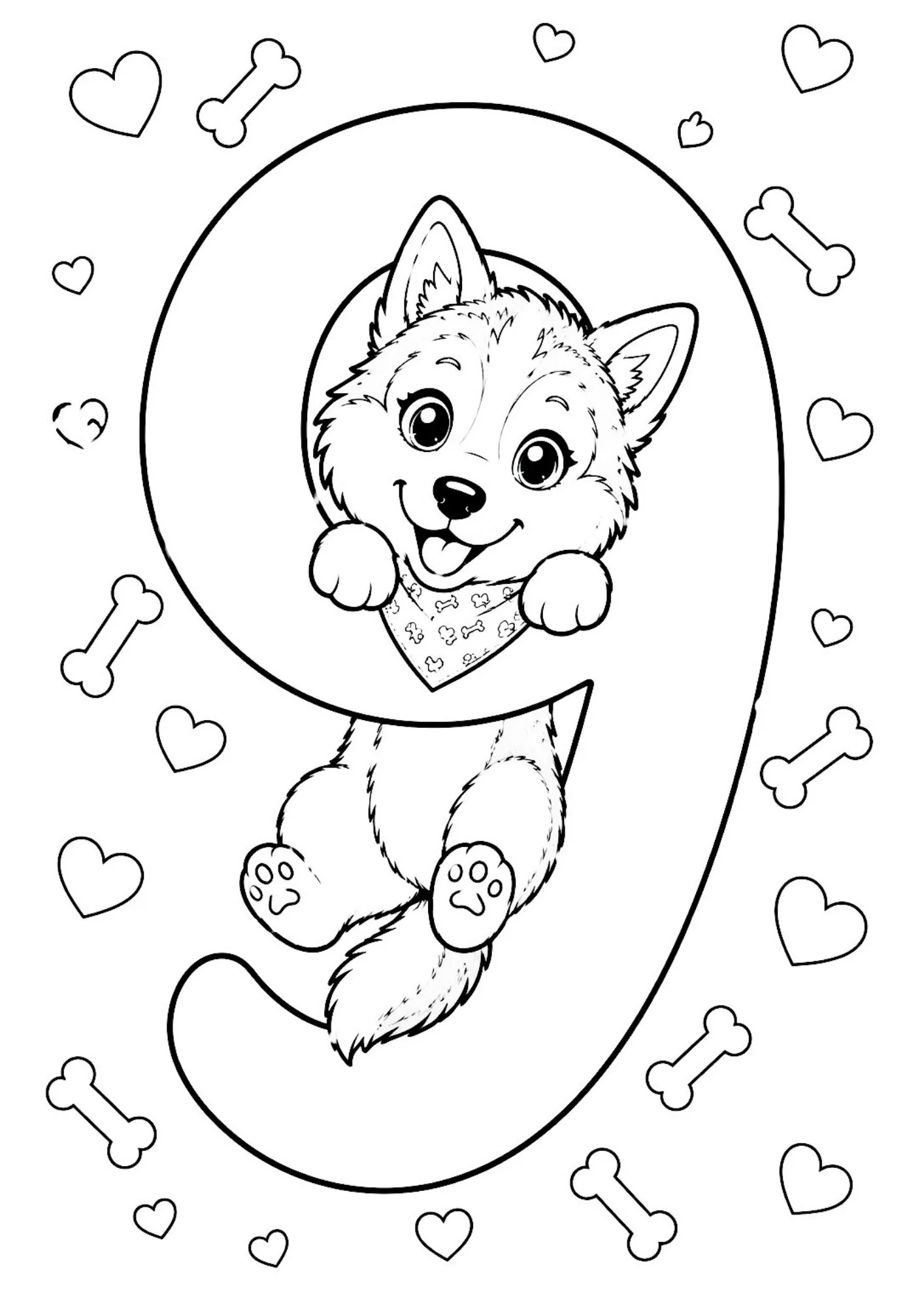 Playful Siberian husky puppy hanging from top circle of number 9 outline with bones and hearts.