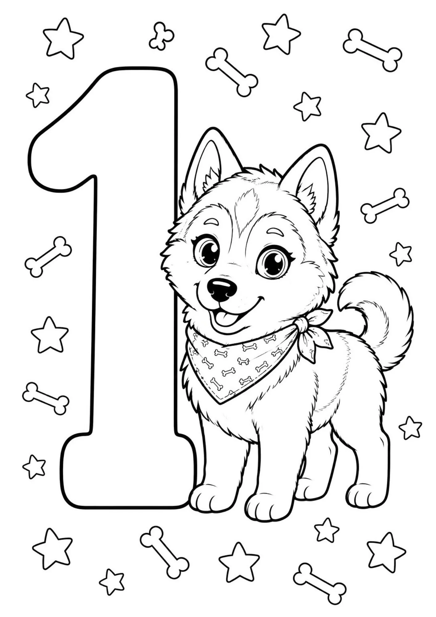 Siberian husky puppy standing proudly beside large number 1 line art surrounded by stars and bones.