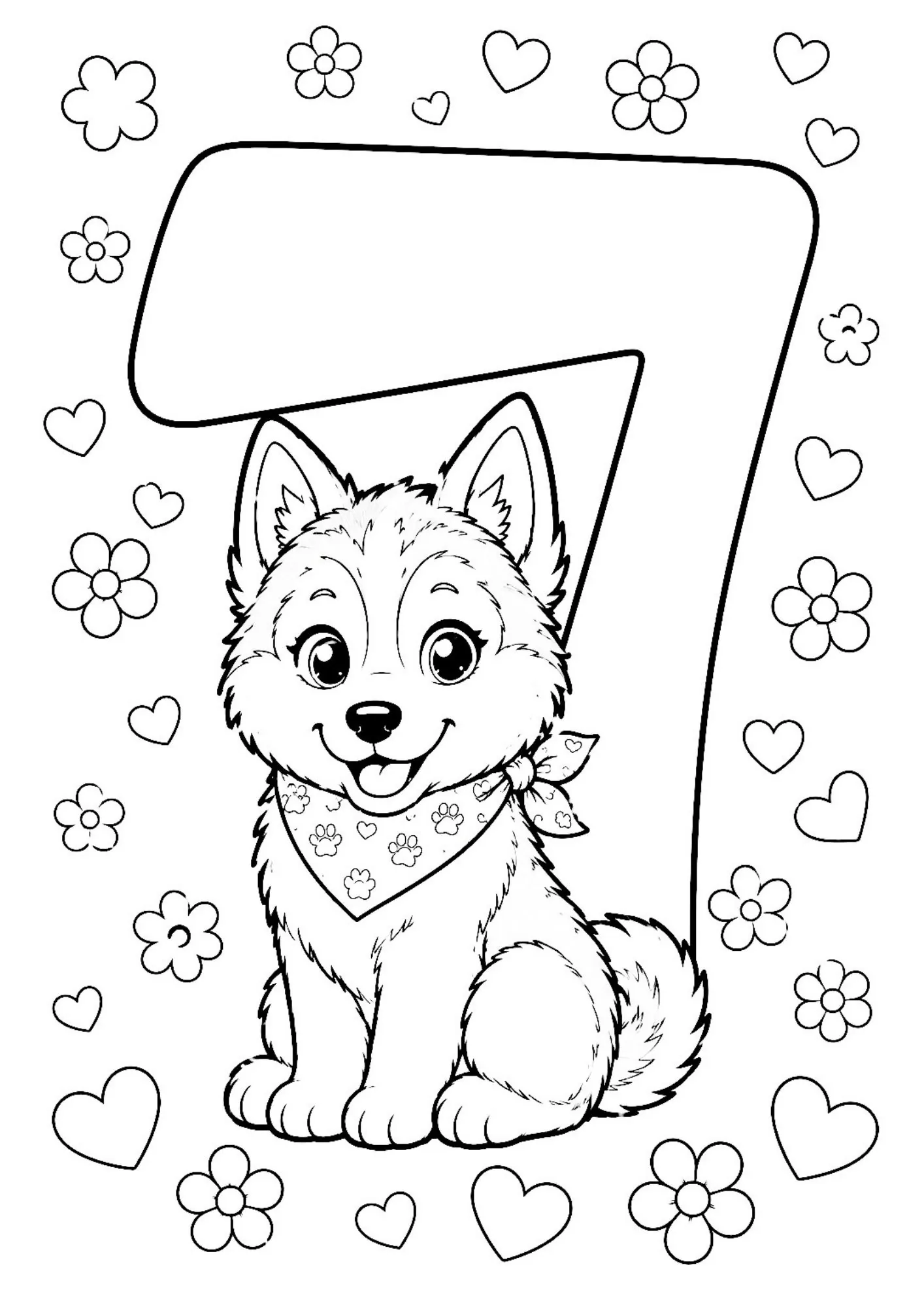 Sitting Siberian husky puppy wearing bandana beside large number 7 outline with hearts and flowers.