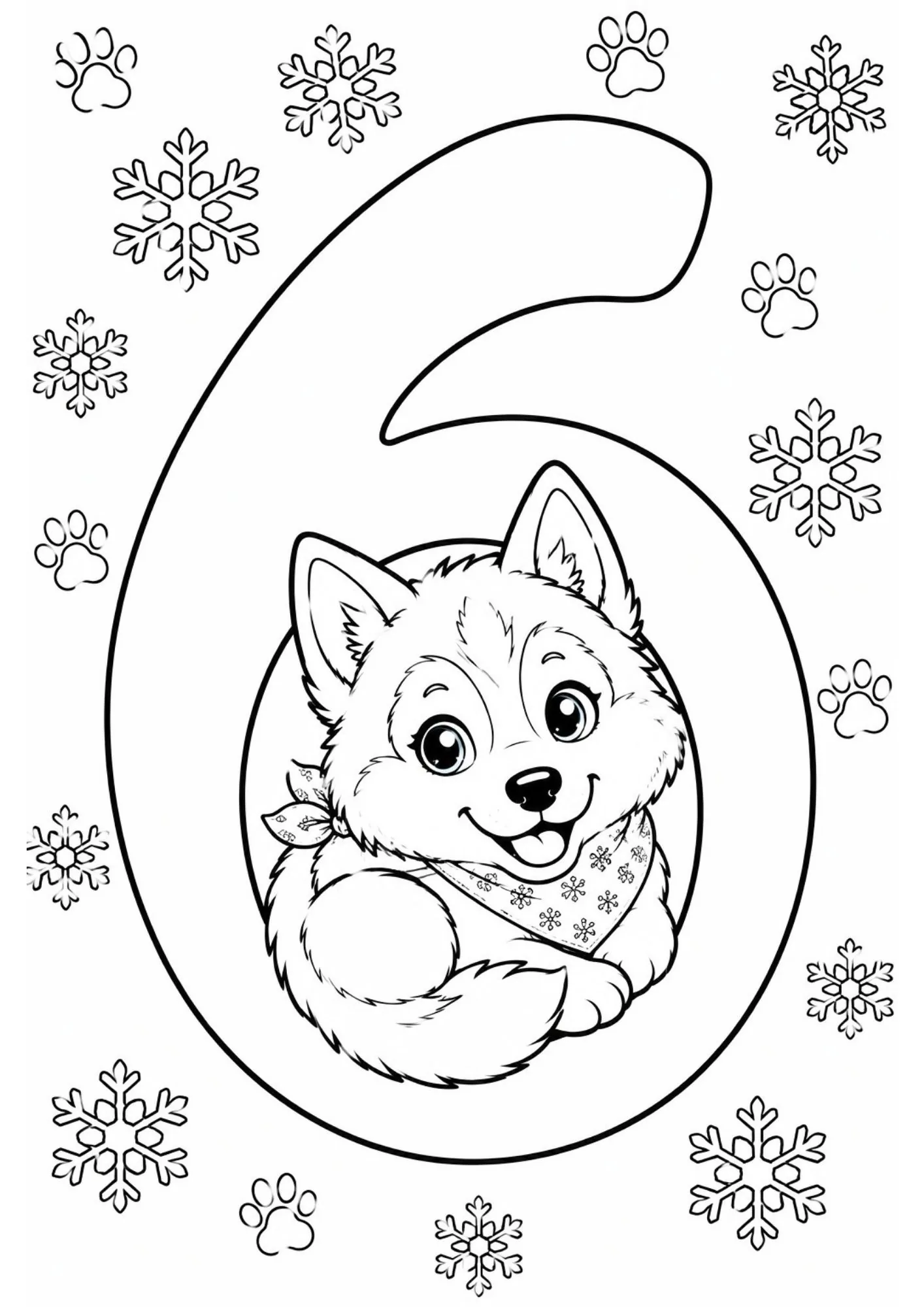 Fluffy Siberian husky puppy nestled inside loop of big number 6 with snowflakes and paw prints.