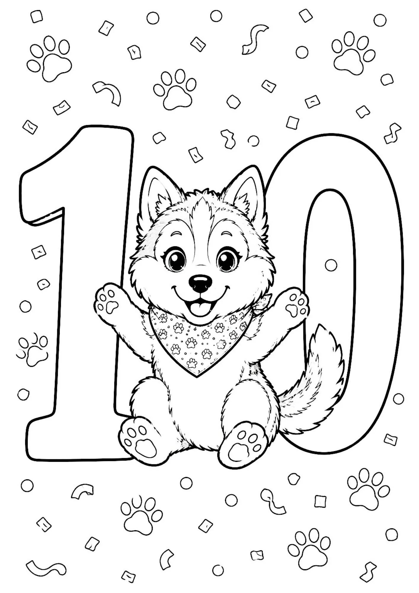 Joyful Siberian husky puppy sitting between digits of number 10 with arms raised and falling confetti.