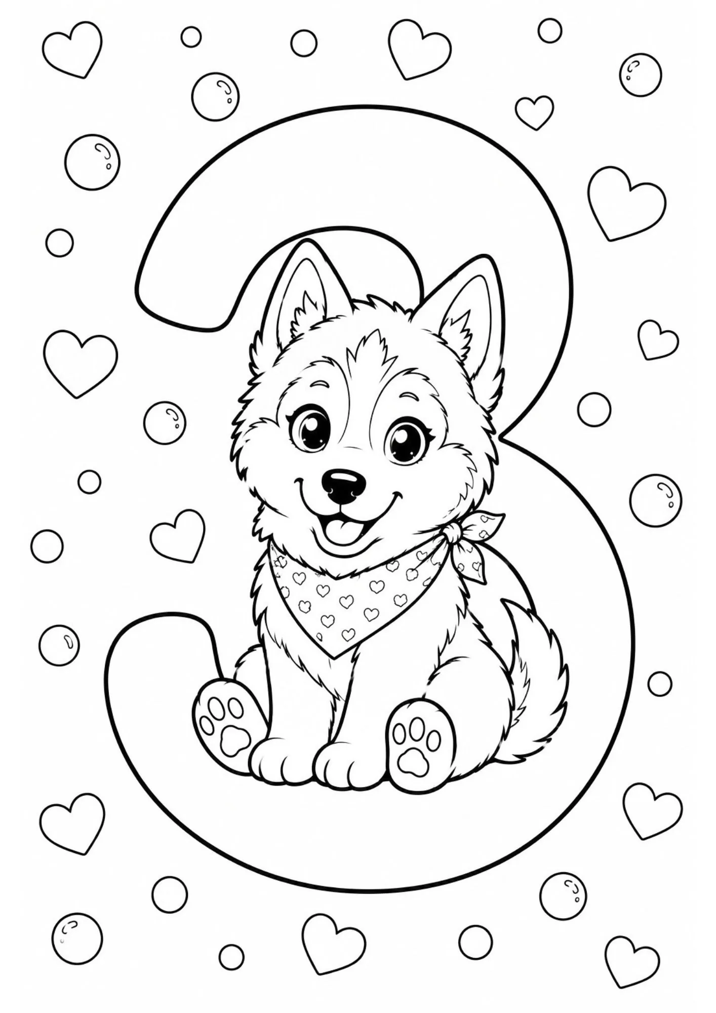 Adorable Siberian husky puppy sitting inside curves of number 3 surrounded by heart shapes and bubbles.