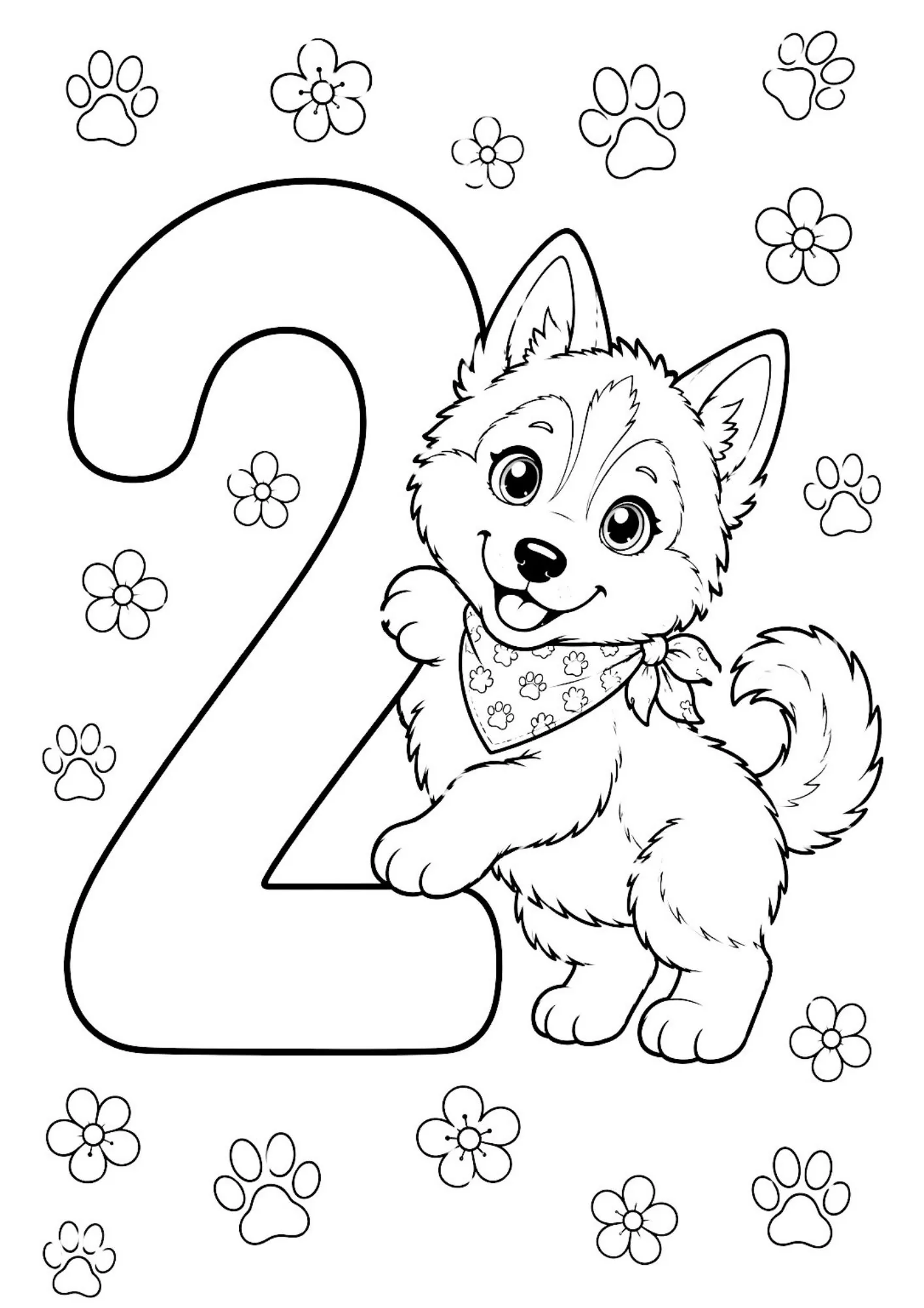 Happy Siberian husky puppy wearing bandana leaning on large number 2 with flowers and paw prints.