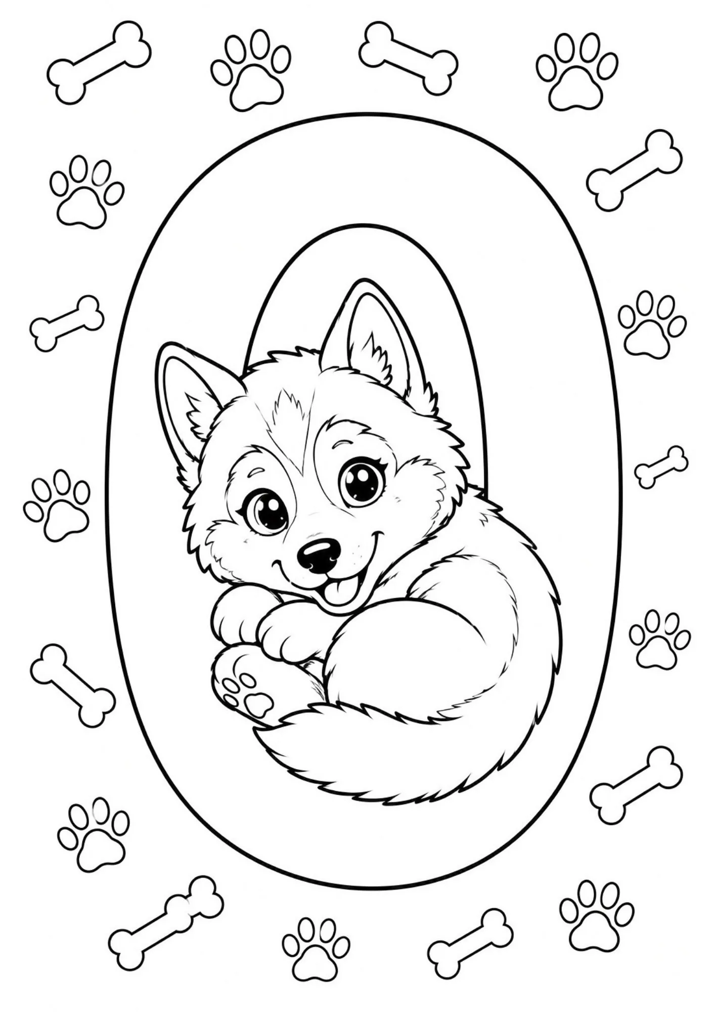 Husky numbers coloring pages sheet with cute Siberian husky puppy curled inside large number zero line art.