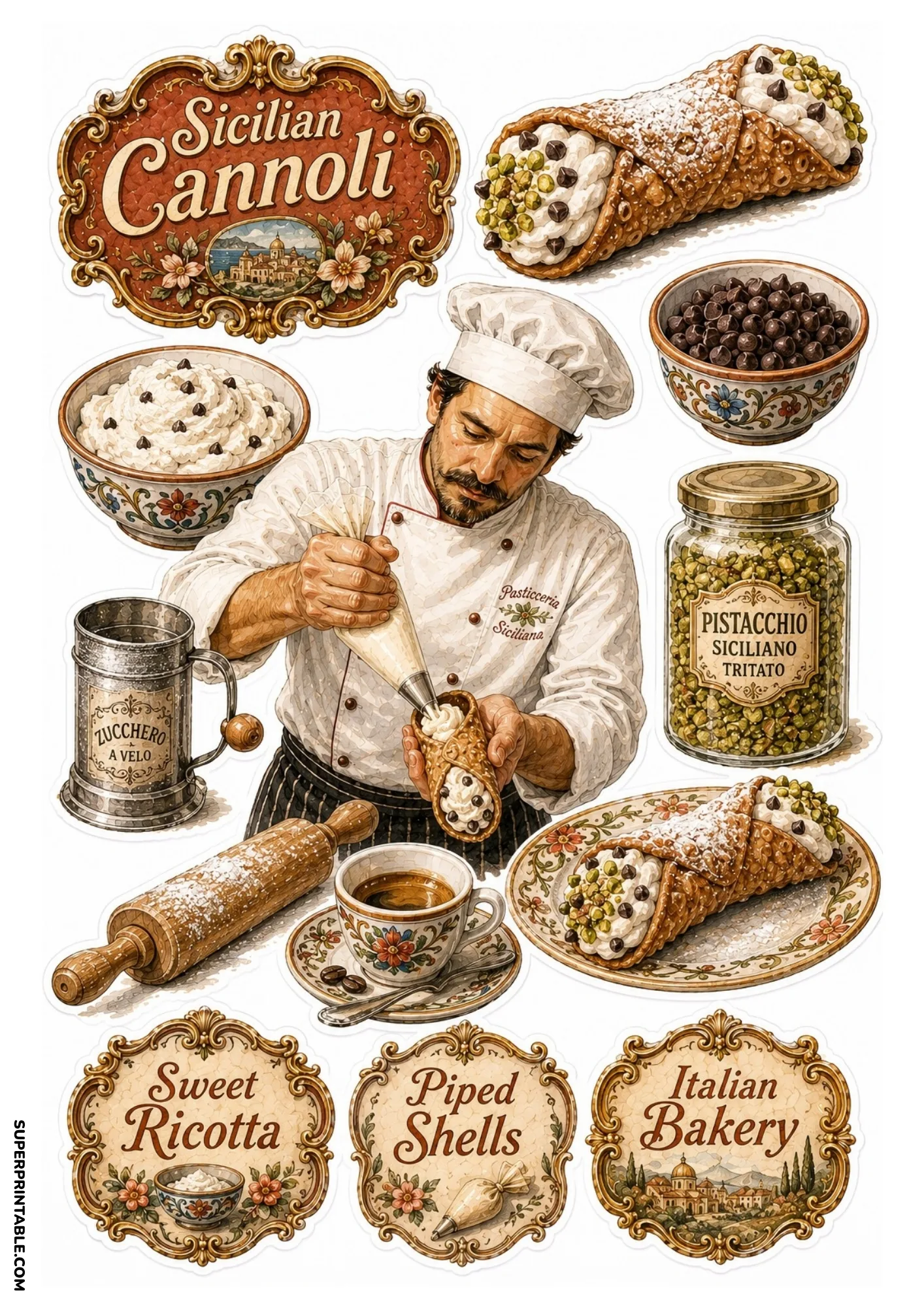 Sicilian cannoli sticker sheet depicting a baker piping ricotta filling, finished cannoli, pistachio jar, and espresso.