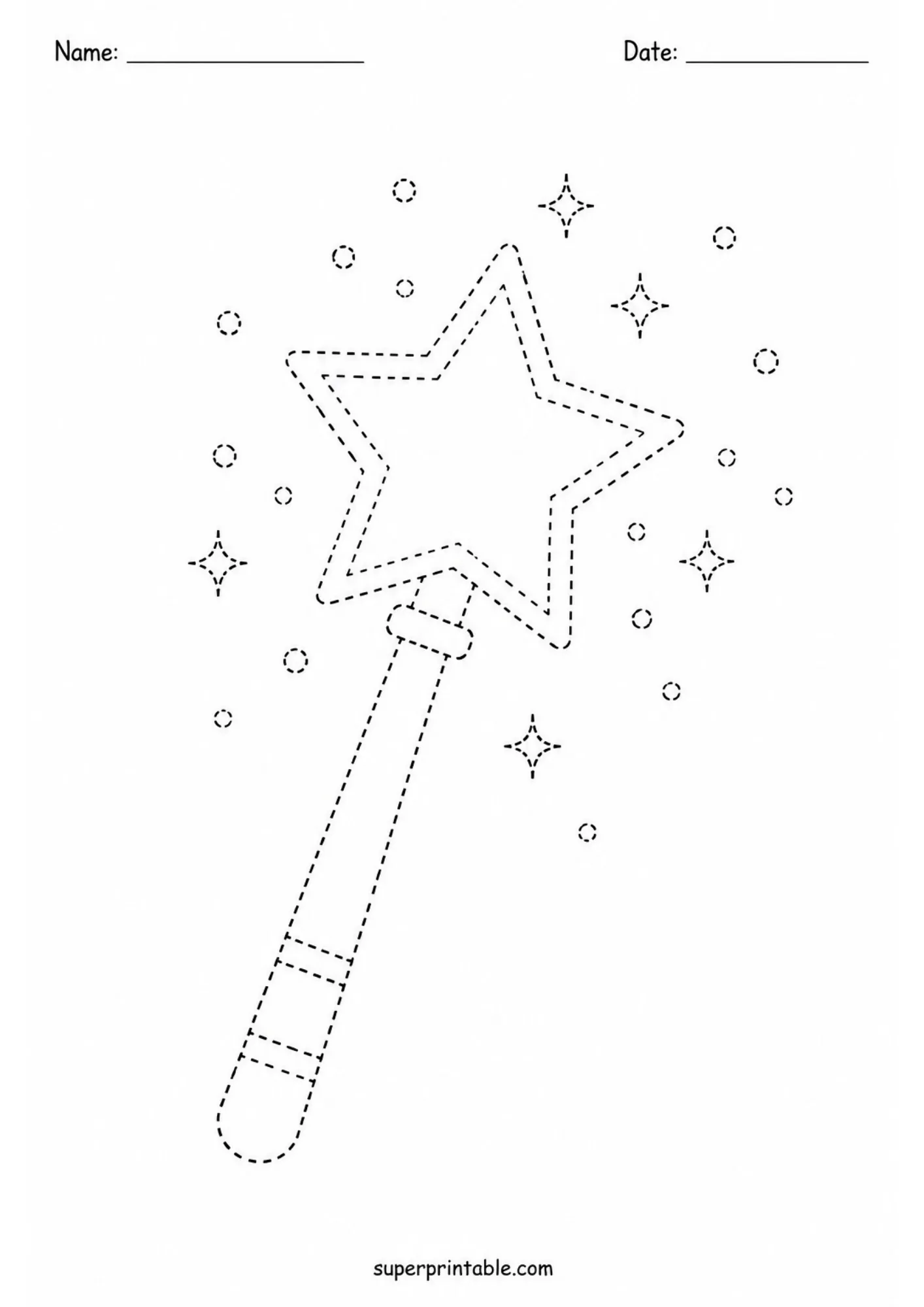 Double-outlined star magic wand surrounded by sparkling stars rendered in dashed lines.
