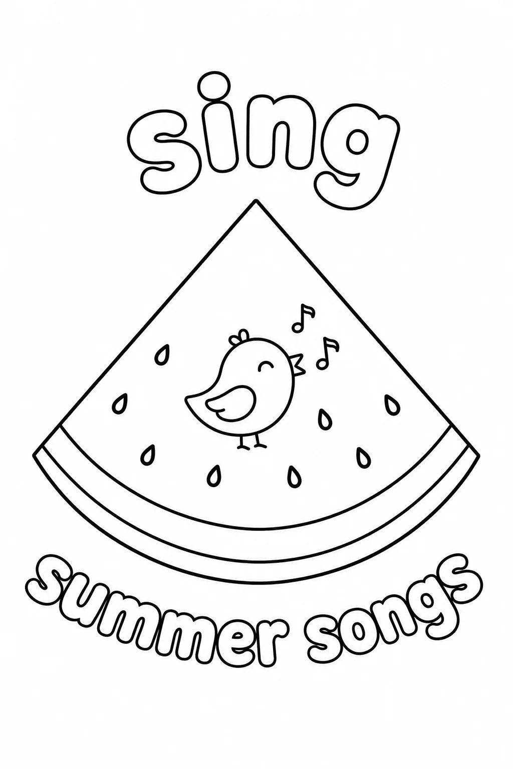 Singing little bird with music notes on a watermelon slice coloring page.