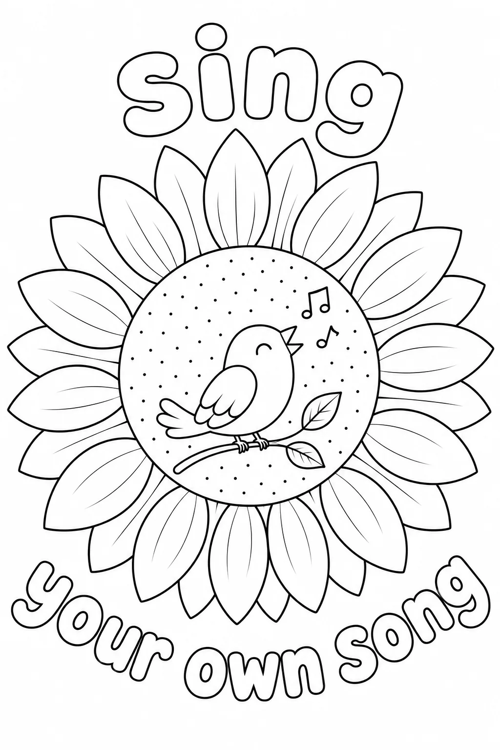 Songbird perched inside a sunflower center with floating musical notes and singing quote.