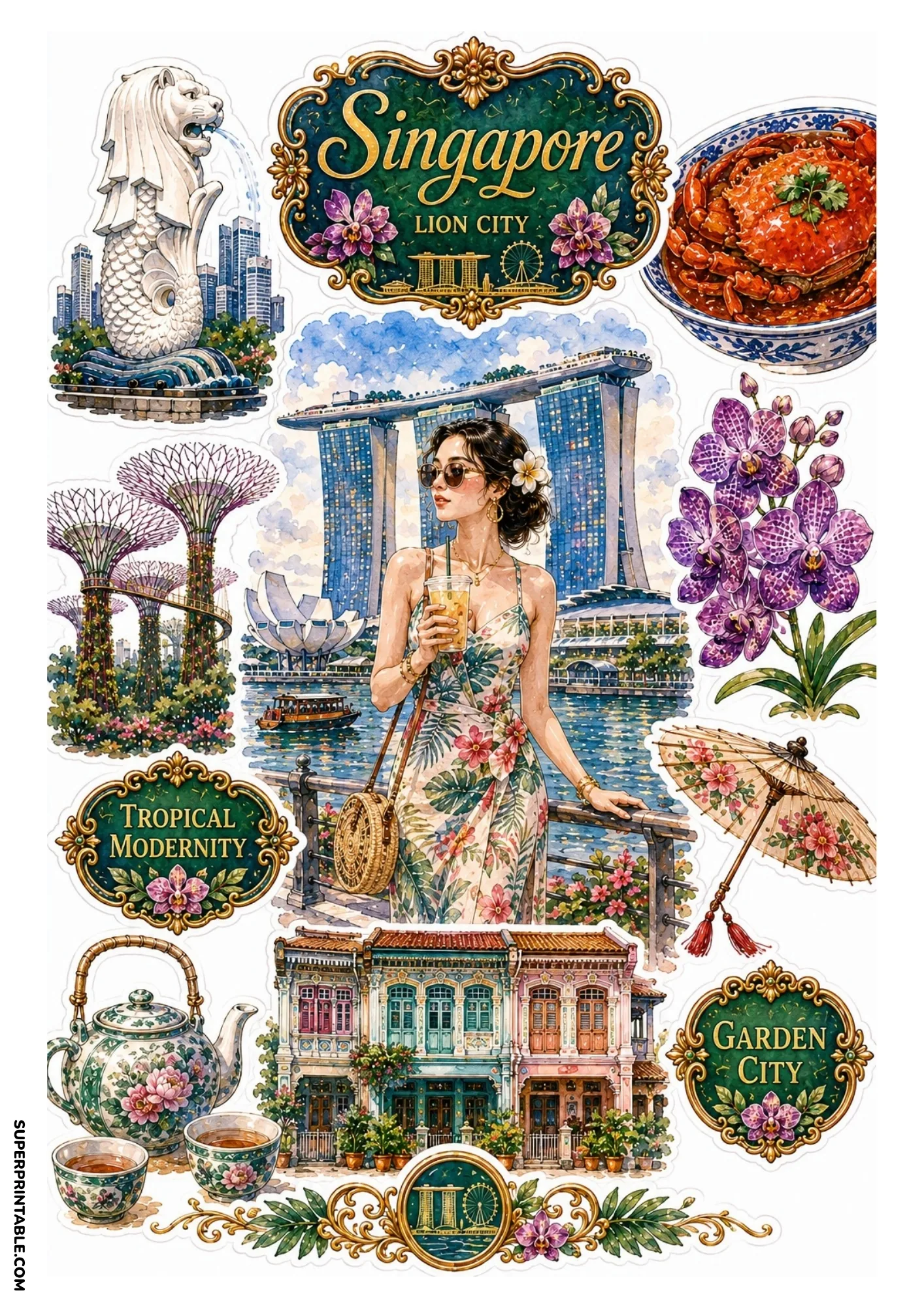 Printable Singapore sticker sheet featuring Marina Bay Sands, Merlion, and orchids