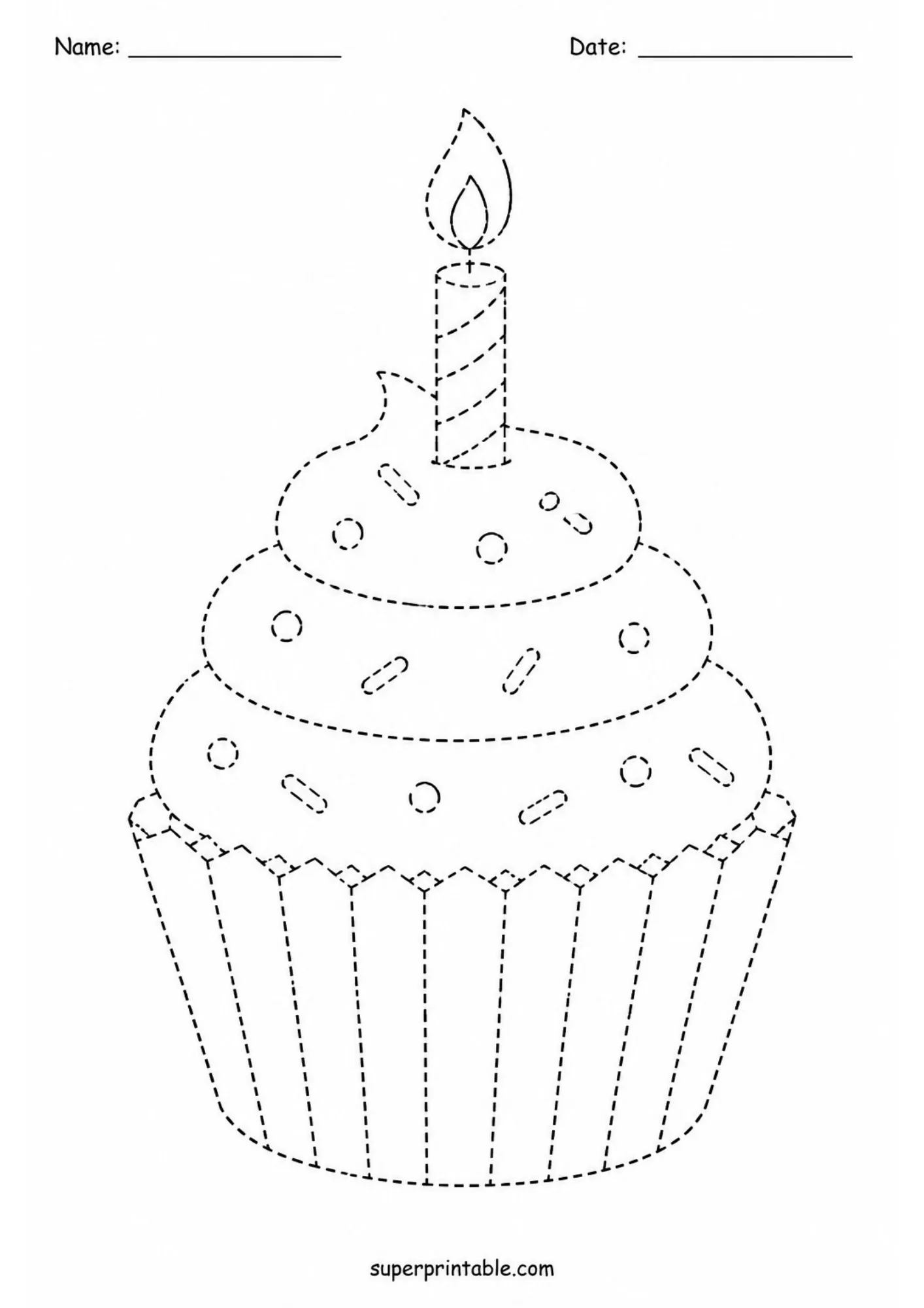 Tracing worksheet featuring a single candle cupcake with sprinkles for preschool motor skill development.