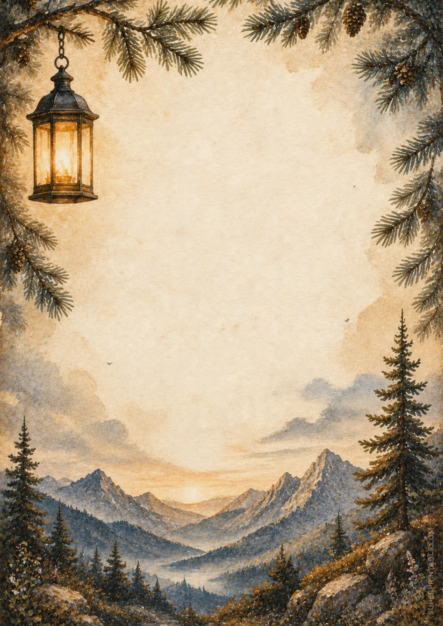 Single glowing lantern page border at mountain sunrise with warm golden horizon light.