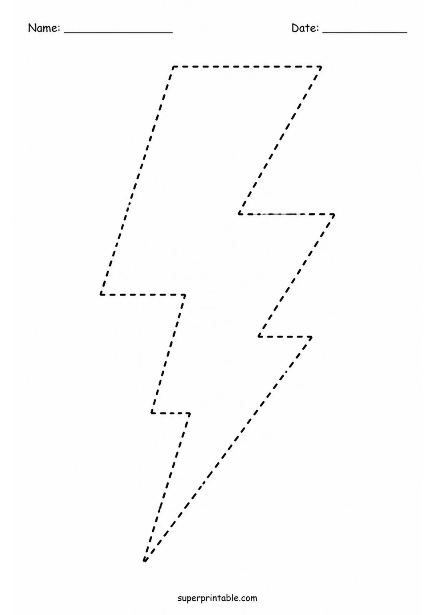 Black and white tracing worksheet of a large, bold lightning flash icon formed by connected dashed lines.