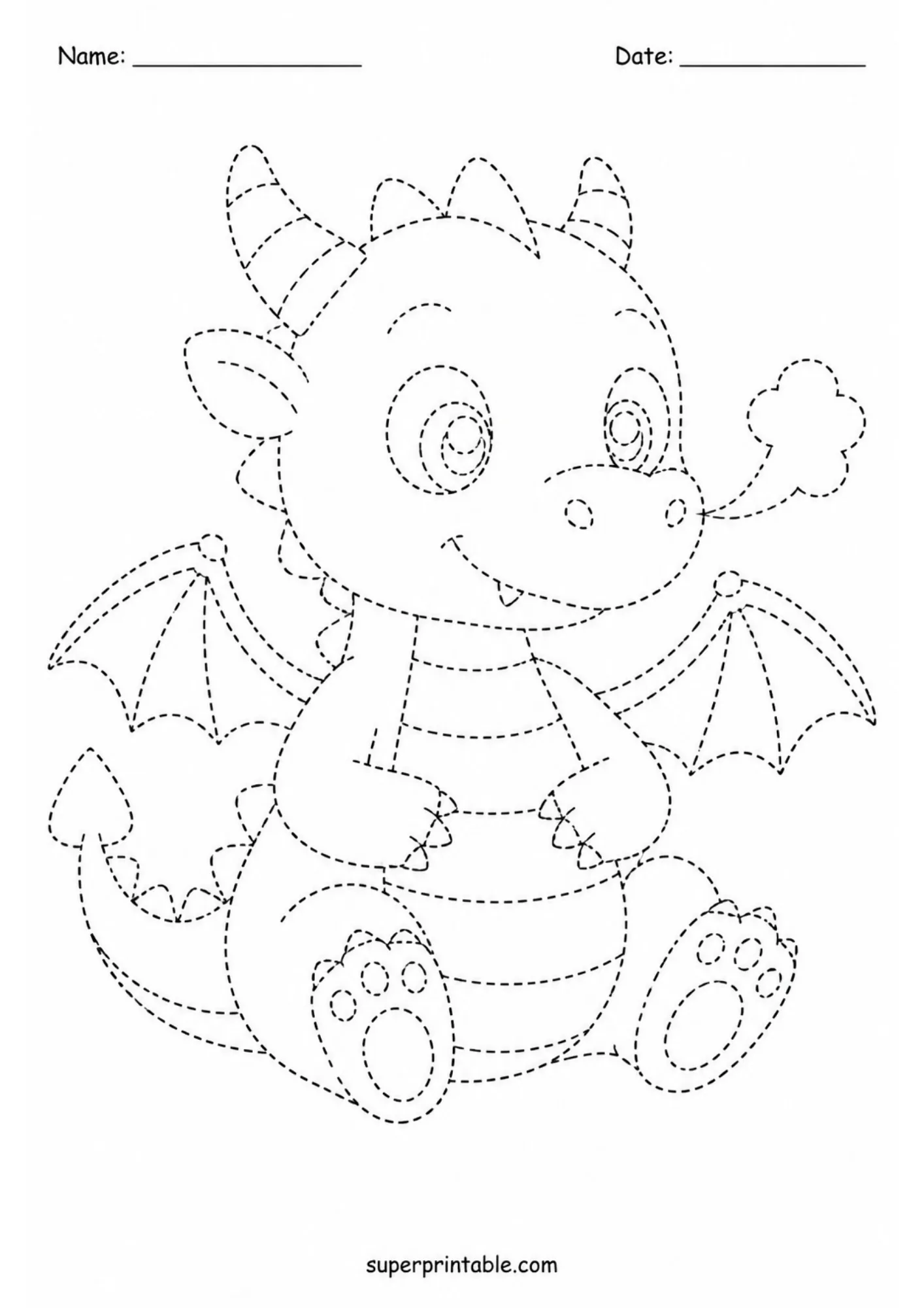 Cute sitting dragon puffing a small cloud of smoke drawn in dashed line tracing style.