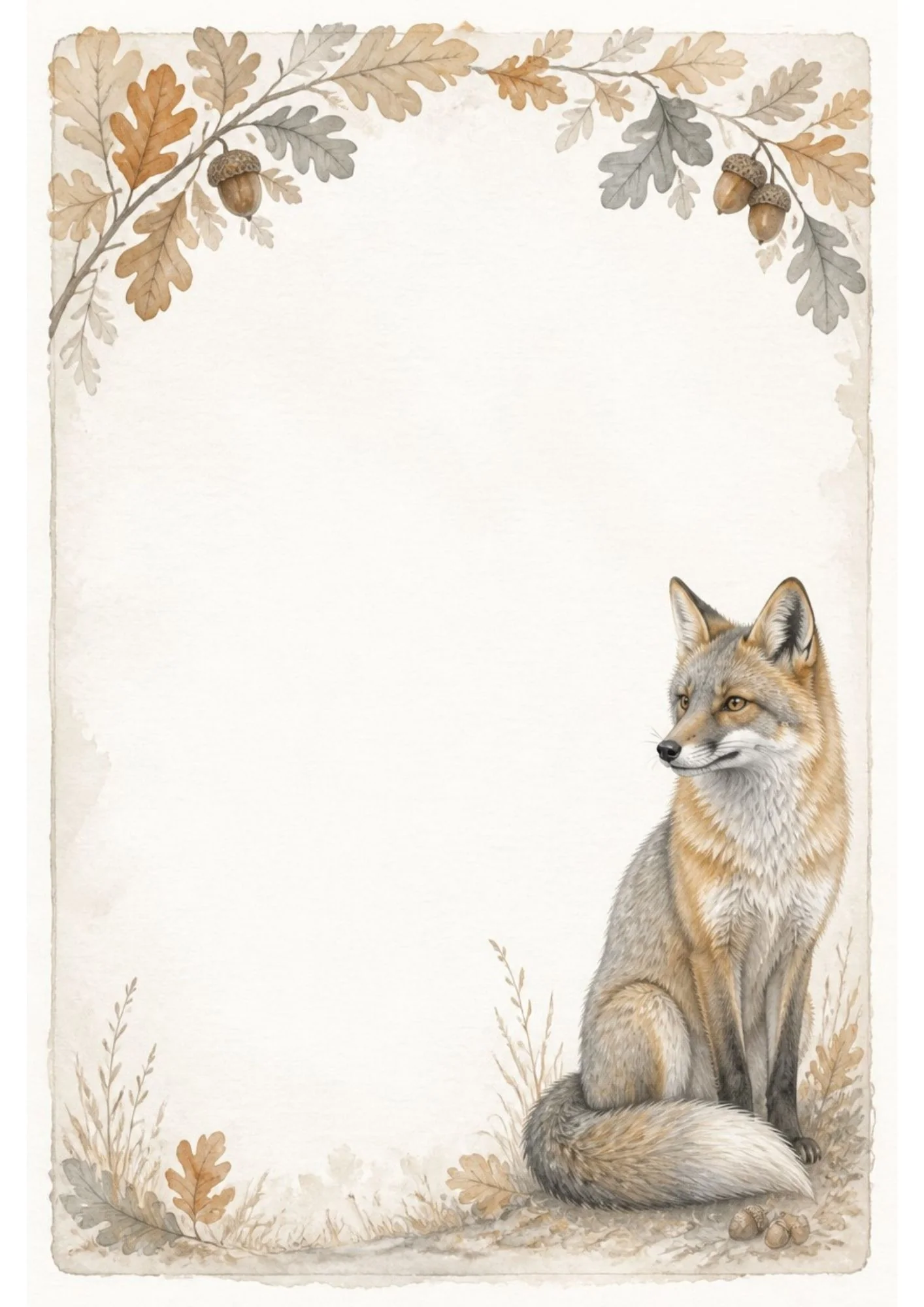 Watercolour page with a sitting grey fox on autumn grass, oak leaf branch with acorns across the top border