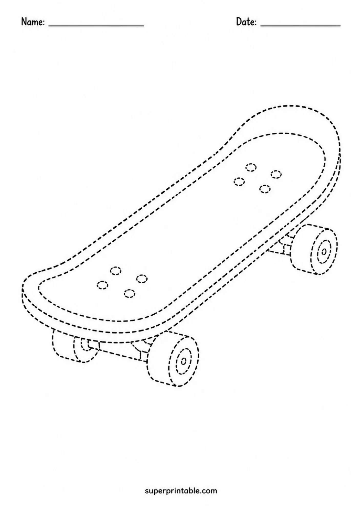 Skateboard line tracing activity sheet with clear dashed outlines for kids.