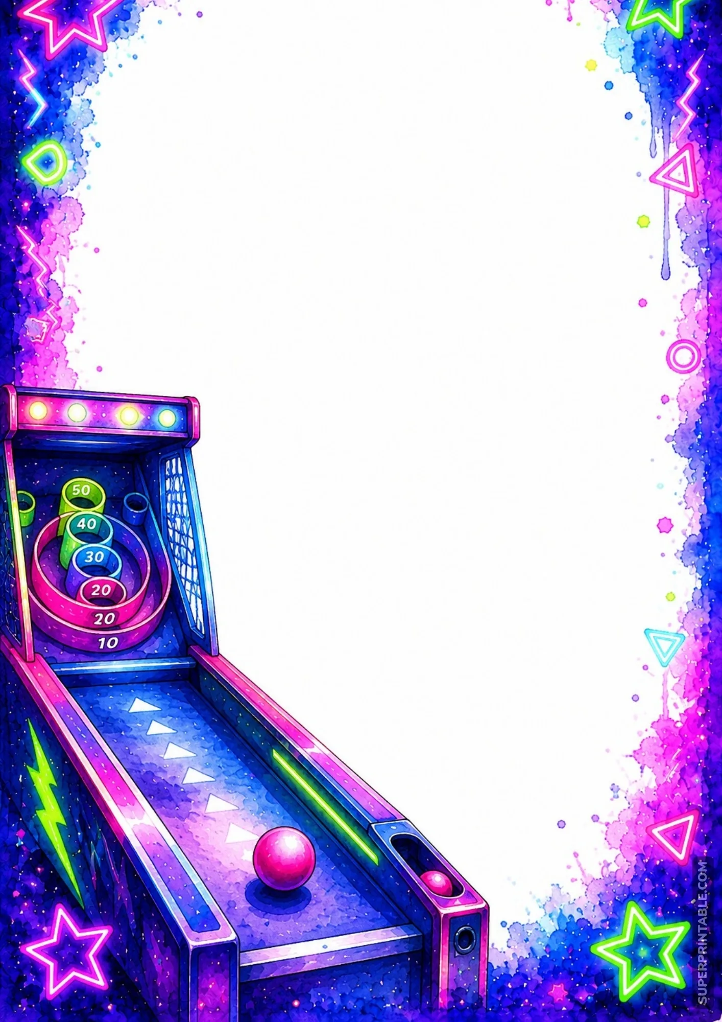 Classic skee-ball arcade ramp game with colorful scoring rings framing a blank vertical layout.