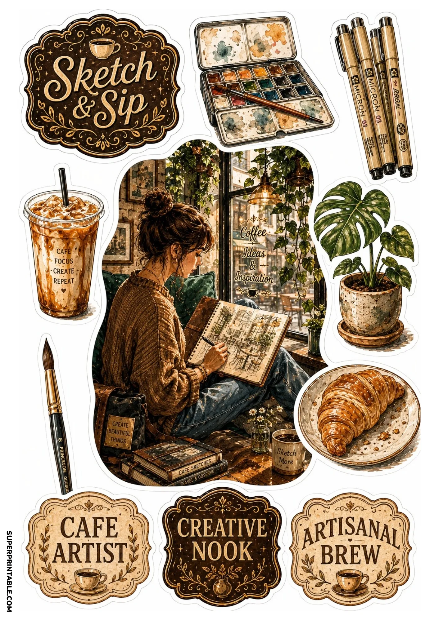 Creative artist sketch and sip stickers with watercolor palette, pens, monstera plant, and iced drink.