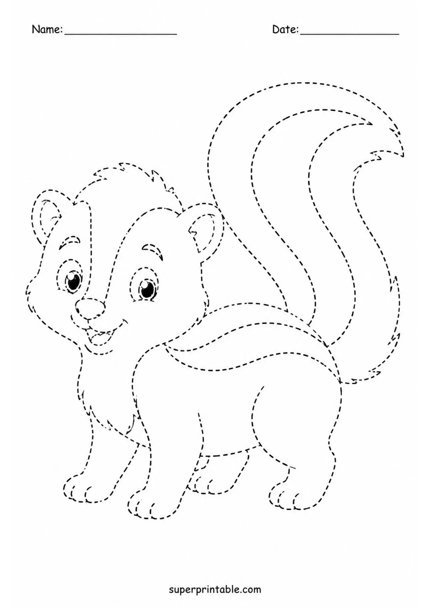 Dotted outline of a smiling skunk with a bushy tail for tracing.