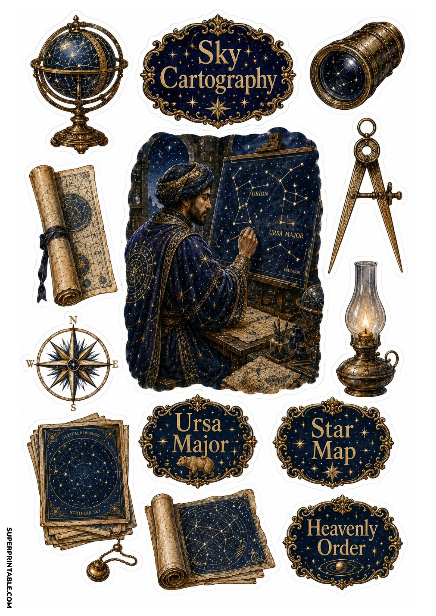 Astronomer charting Orion constellations with armillary sphere, brass compass, and star map charts.