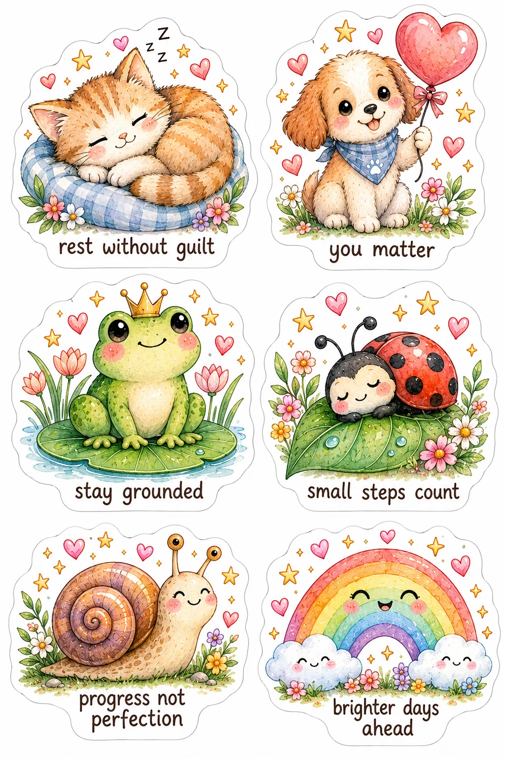 Sleeping cat, puppy, frog, ladybug, snail, and rainbow watercolor stickers with positive phrases