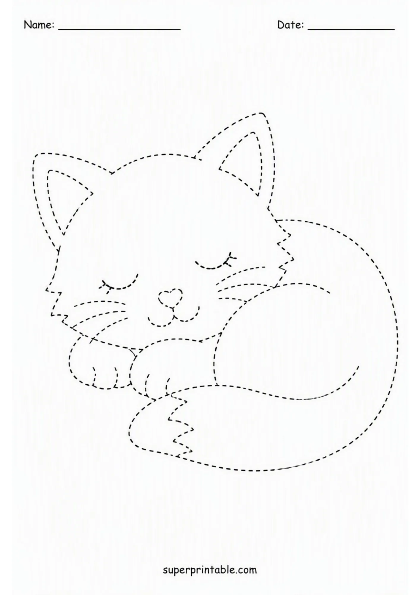 Sleeping fluffy kitten curled up dashed line tracing worksheet for kindergarten.