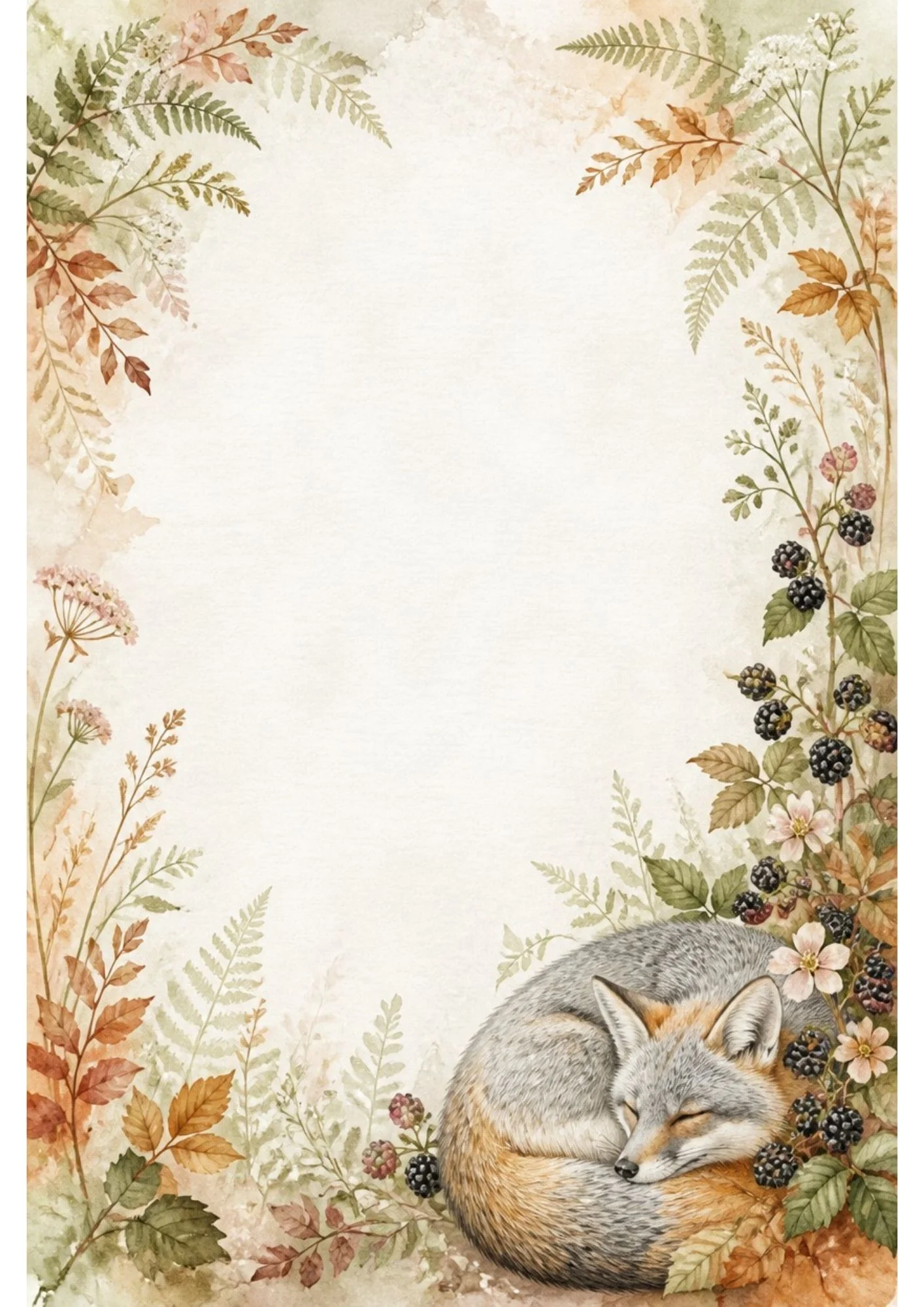 Watercolour border page with a sleeping grey fox curled among blackberry brambles, autumn ferns, and pink wildflowers