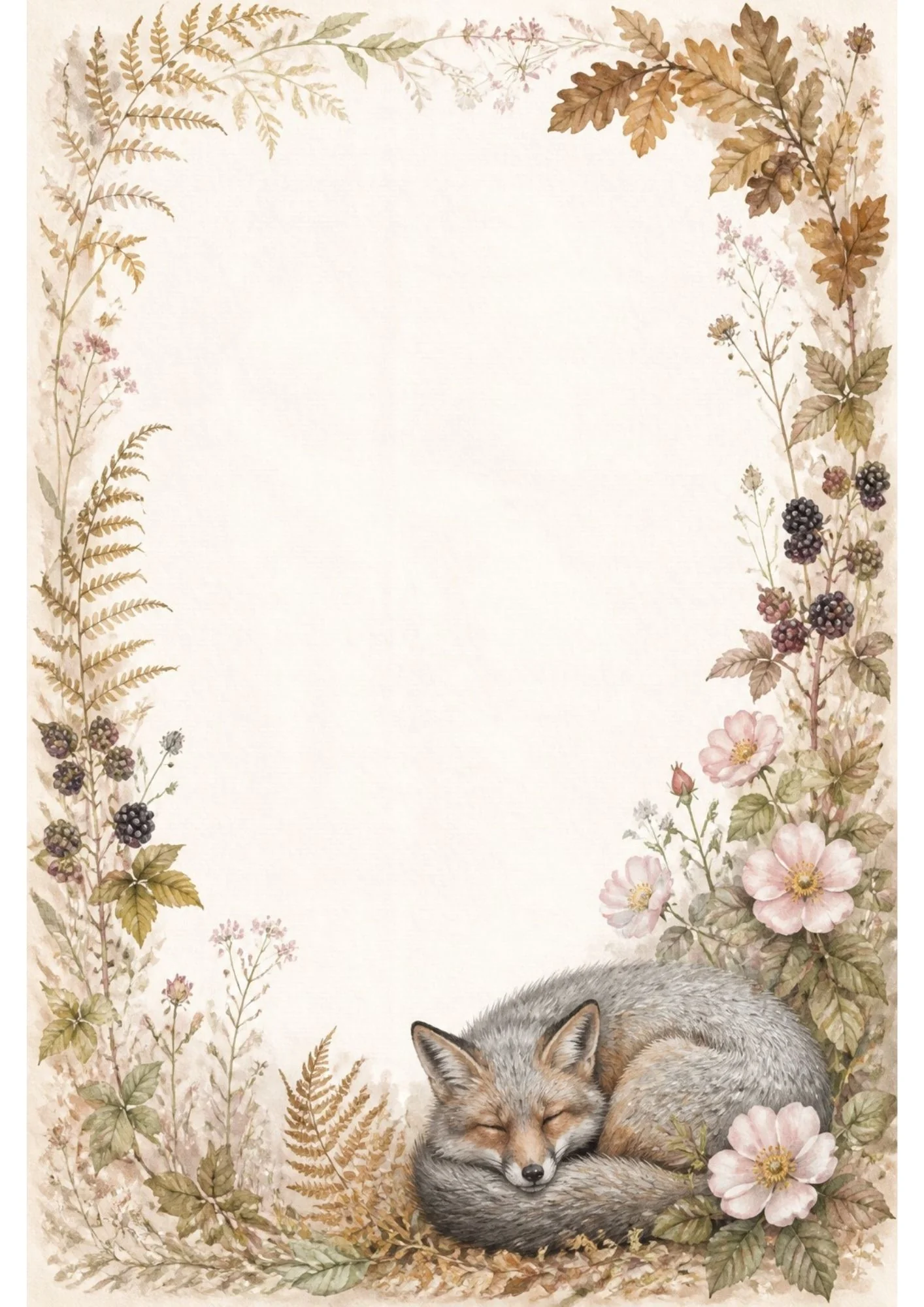 Watercolour border page with a sleeping grey fox amid wild roses, blackberries, dried golden ferns, and autumn oak leaves