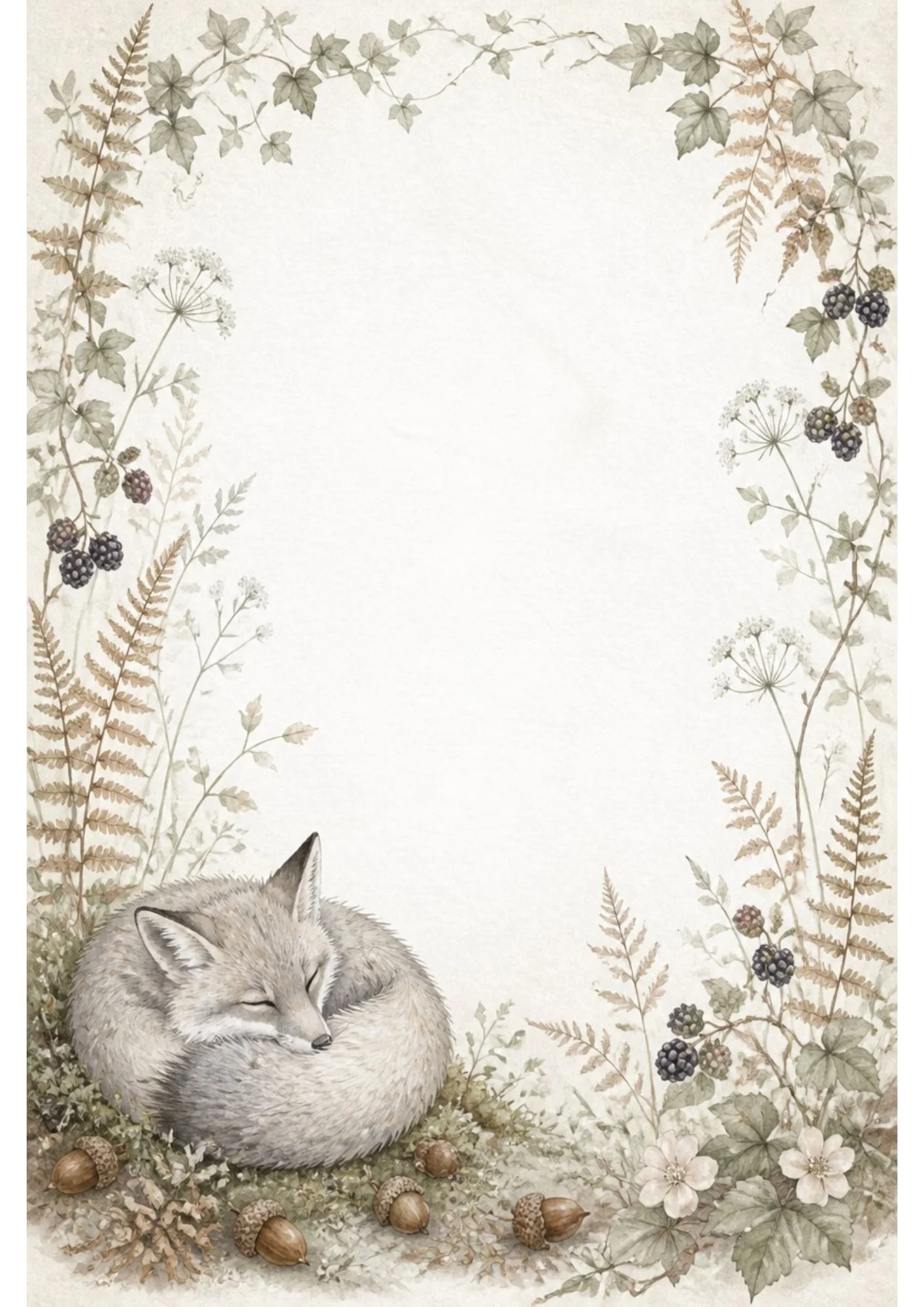 Watercolour border with a sleeping pale grey fox on moss, ivy vines, blackberry stems, and white Queen Anne's lace flowers