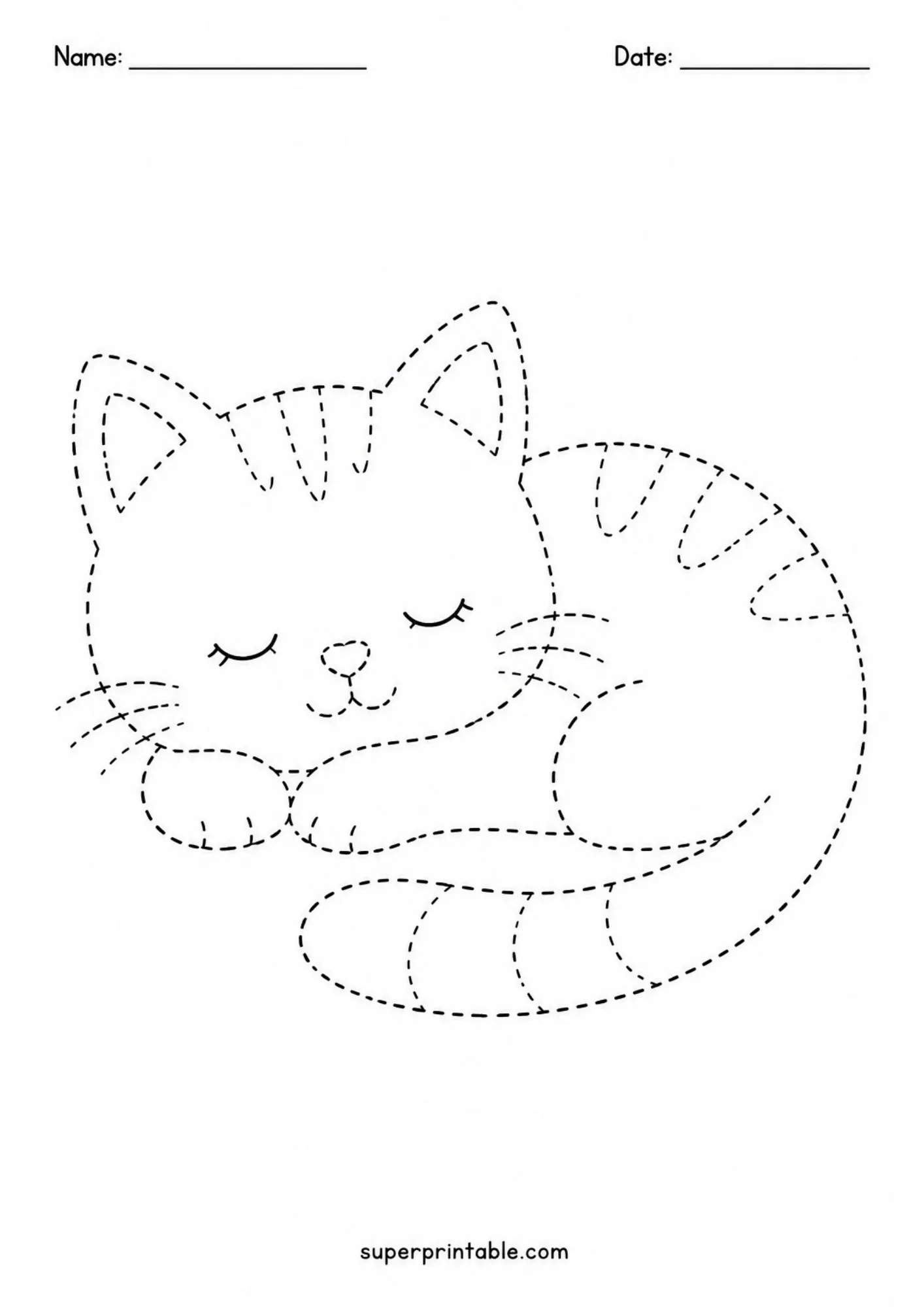 Sleeping striped kitten curled up for kids motor skill dashed line tracing activity.