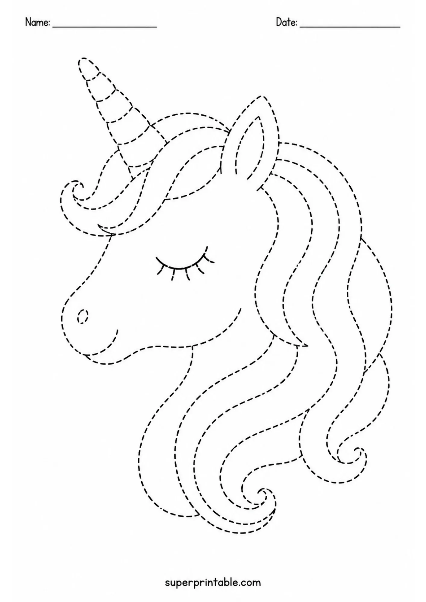 Unicorn head profile with a spiraled horn and long wavy mane in dashed outlines for tracing.