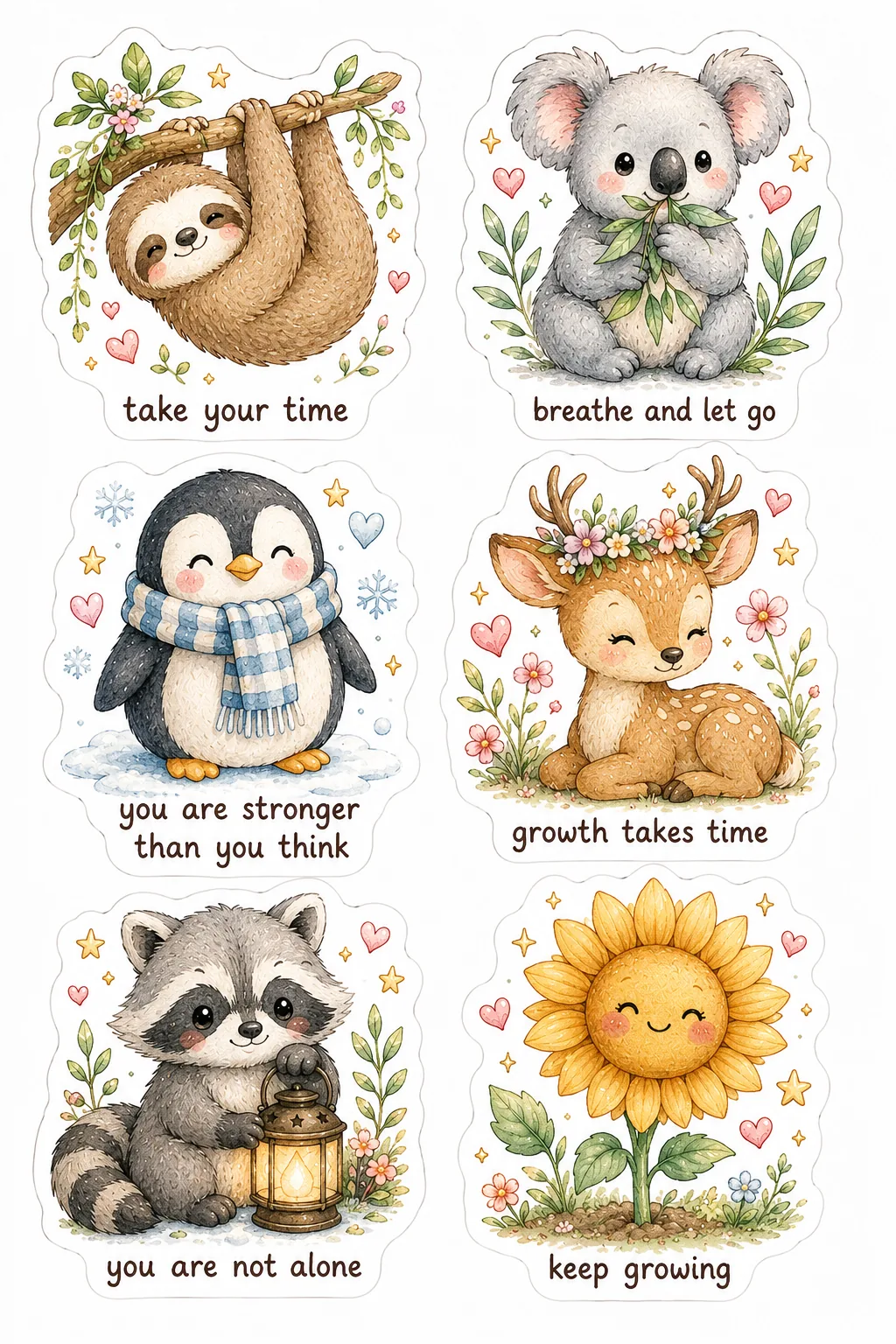 Watercolor sloth, koala, penguin, deer, raccoon, and sunflower stickers with uplifting messages