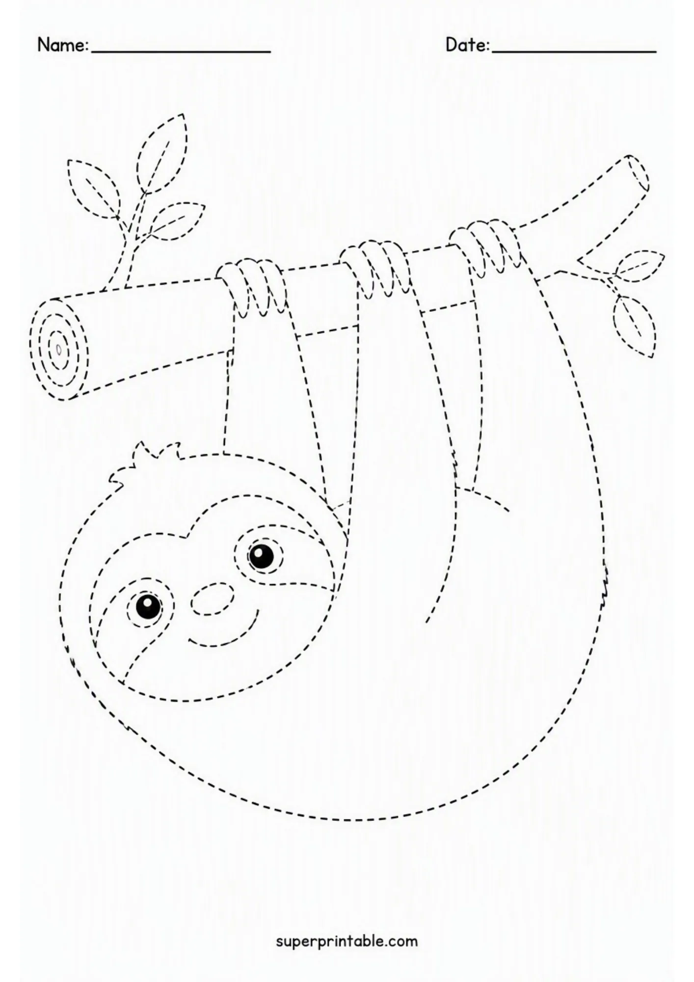 Rainforest creatures activity worksheet showing a cute sloth hanging from a branch for line tracing.